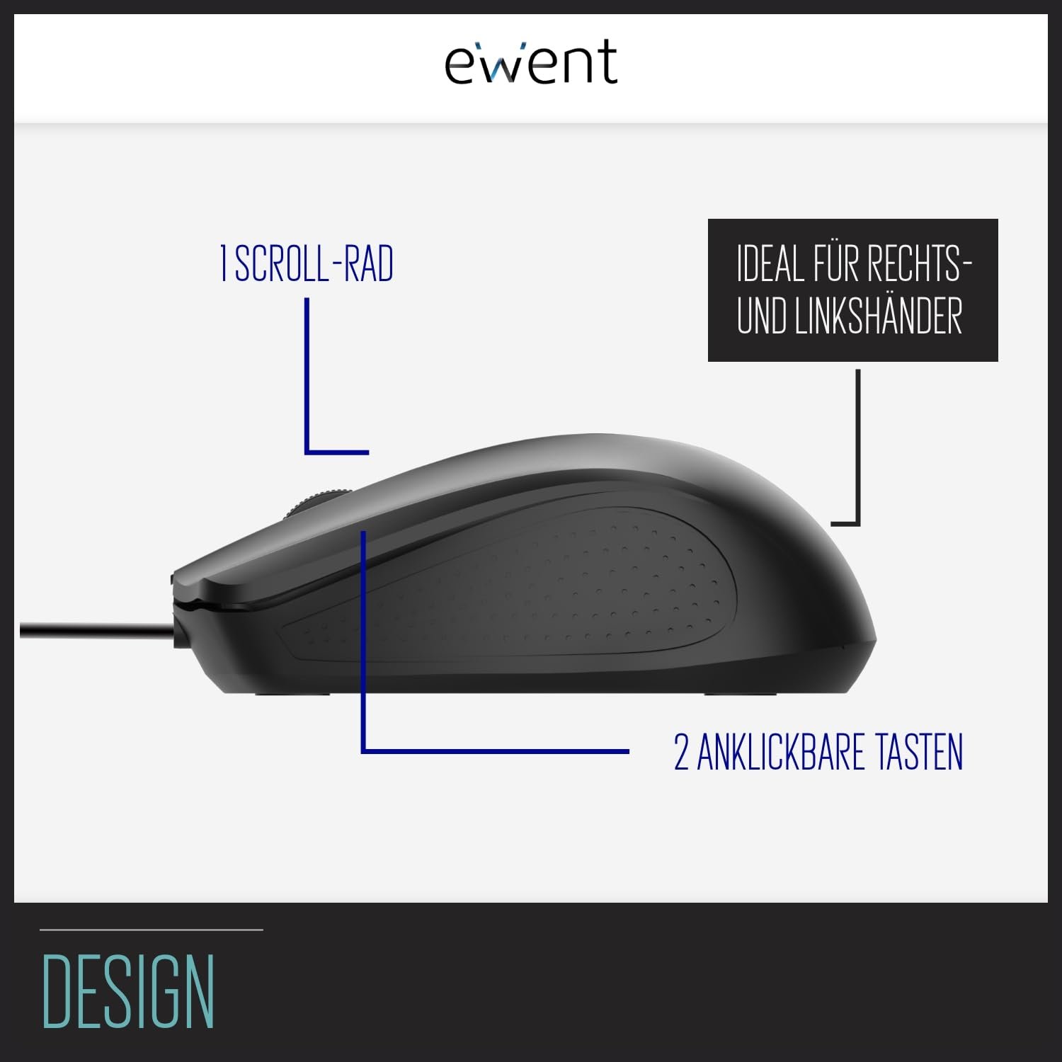 Мышь проводная USB оптическая 3 кнопки 1000 DPI эргономичный дизайн Ambidextrous черный, фото №4