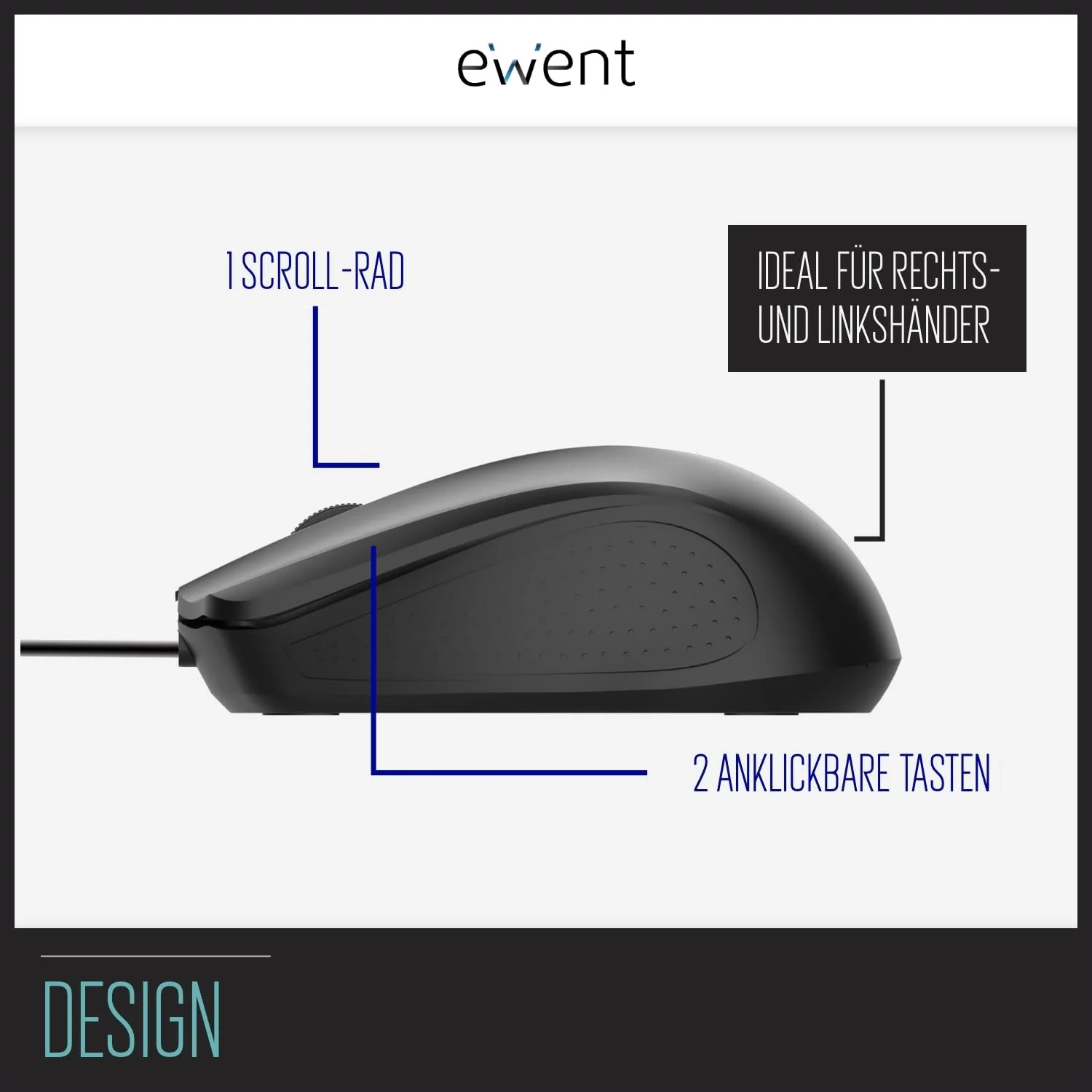 Мышь проводная USB оптическая 3 кнопки 1000 DPI эргономичный дизайн Ambidextrous черный, фото №4 Мышь проводная USB оптическая 3 кнопки 1000 DPI эргономичный дизайн Ambidextrous черный, фото №4