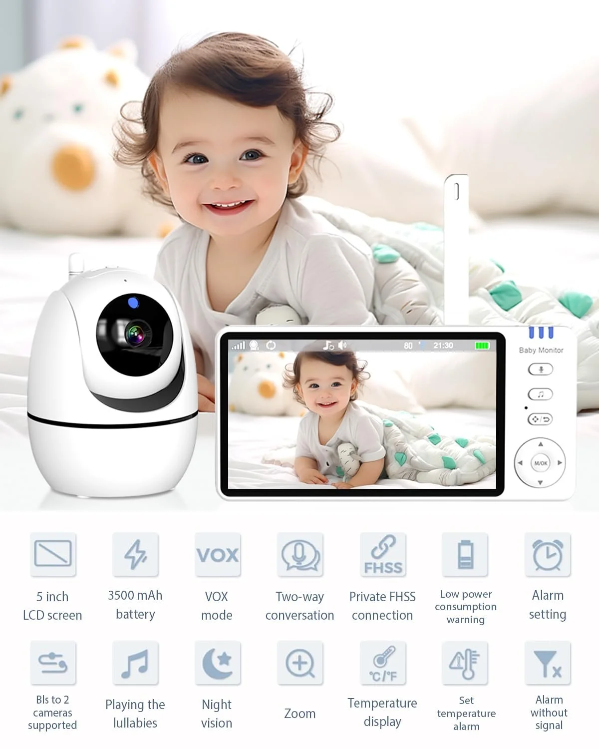 Відеоняня Ade 5 дюймів 720P HD IPS 300 м VOX 3500 mAh, фото №8