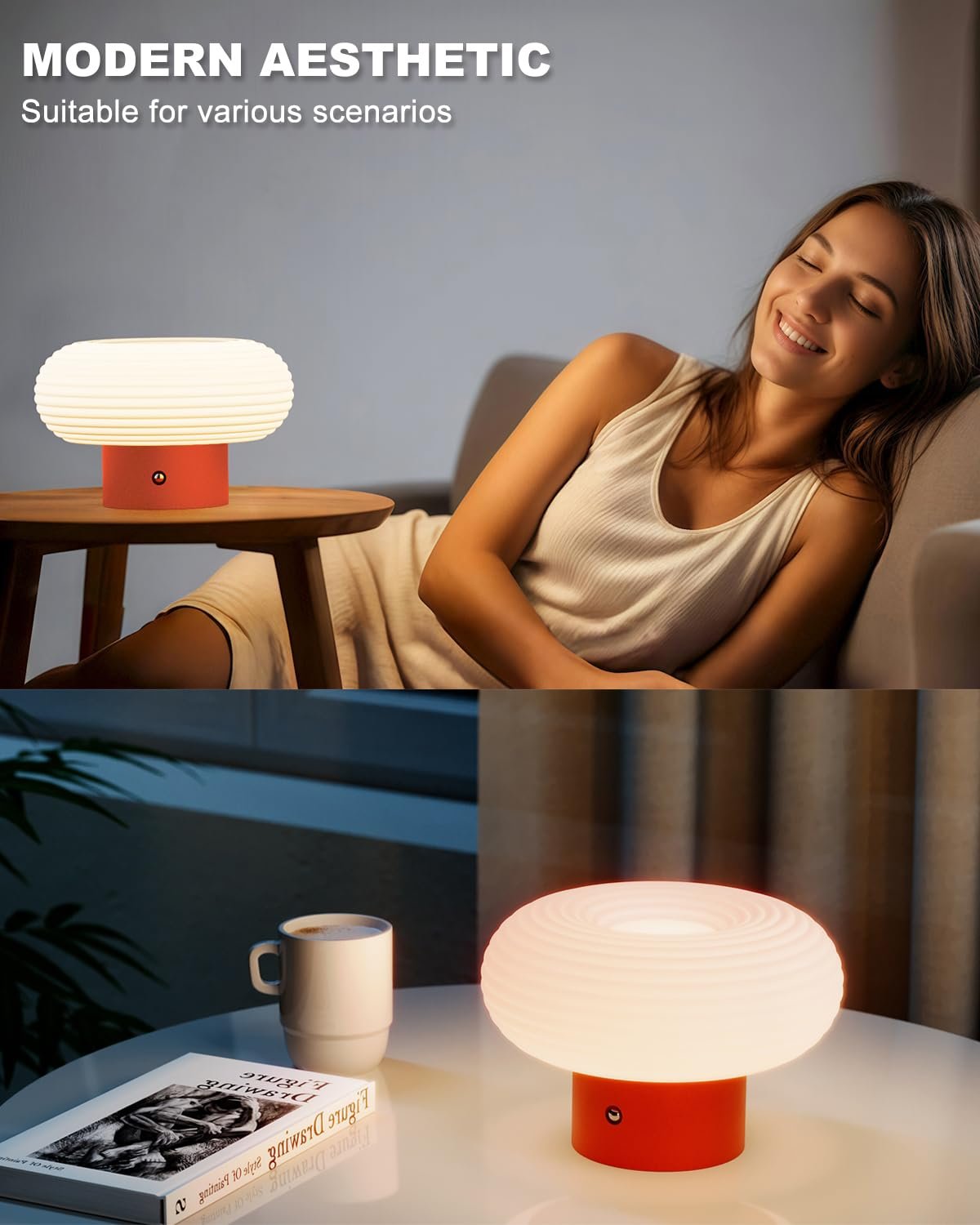 Настільна лампа FANHAO сенсорна регульована 3 кольори 4000 мАг бездротова акумуляторна гриб, фото №6