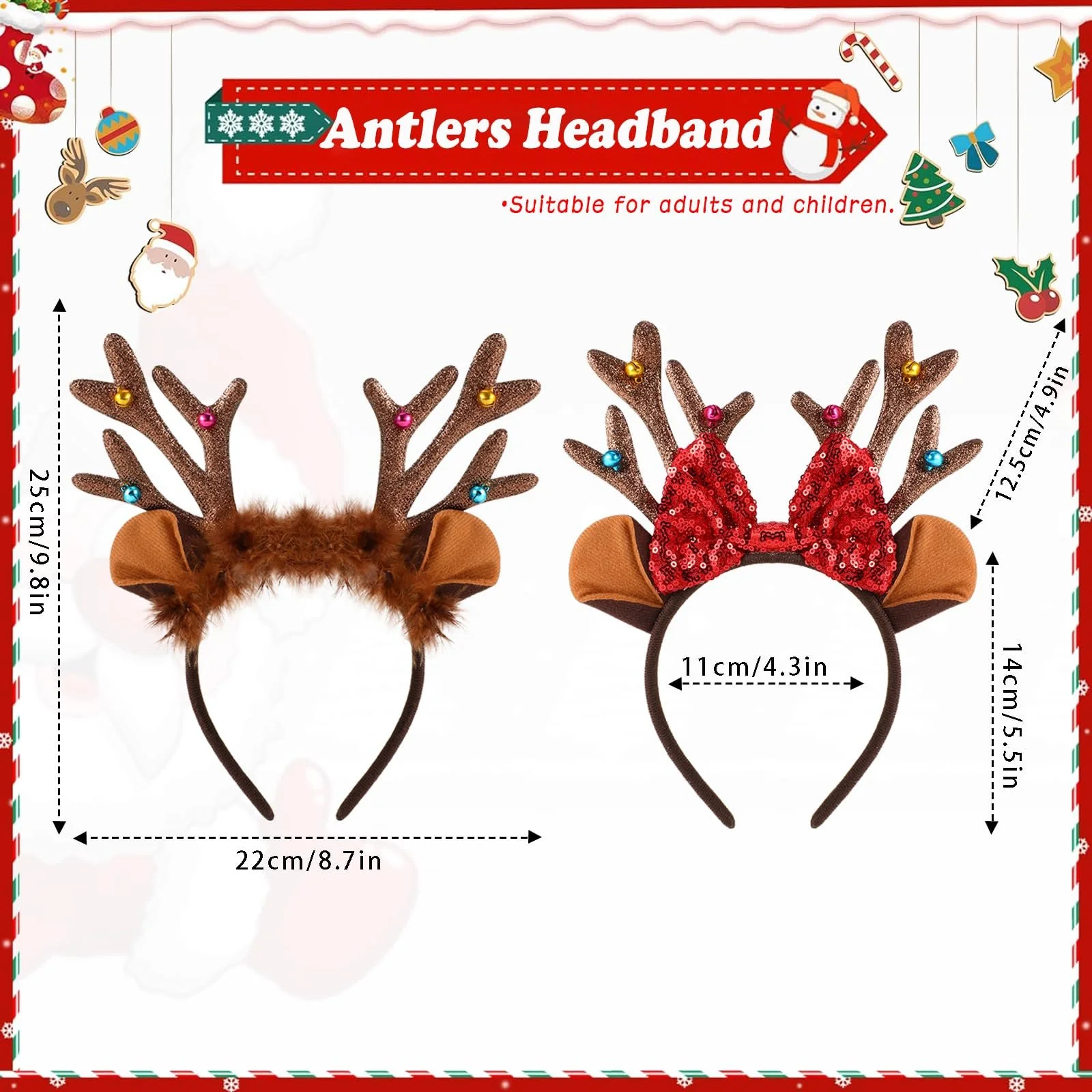 Різдвяний обруч з блискітками з вушками та рогами, фото №2