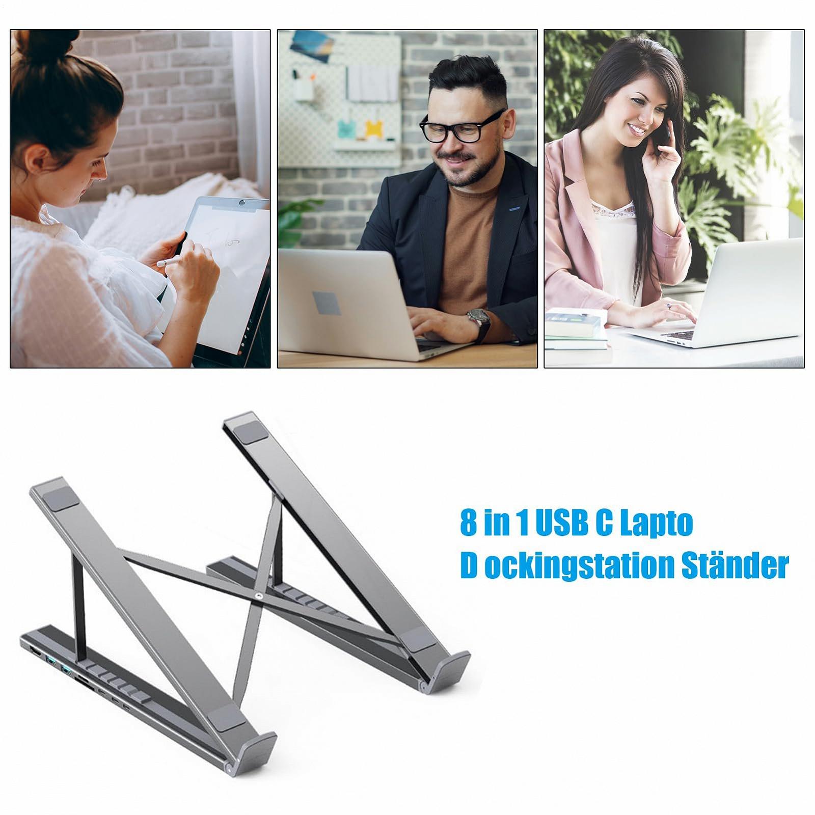 Док-станция для ноутбука USB C 8-в-1, стабильная, регулируемая высота, быстрая зарядка планшета, контроль охлаждения, эргономичный дизайн с портами USB, простая в установке, 360 г для рабочего стола, фото №9