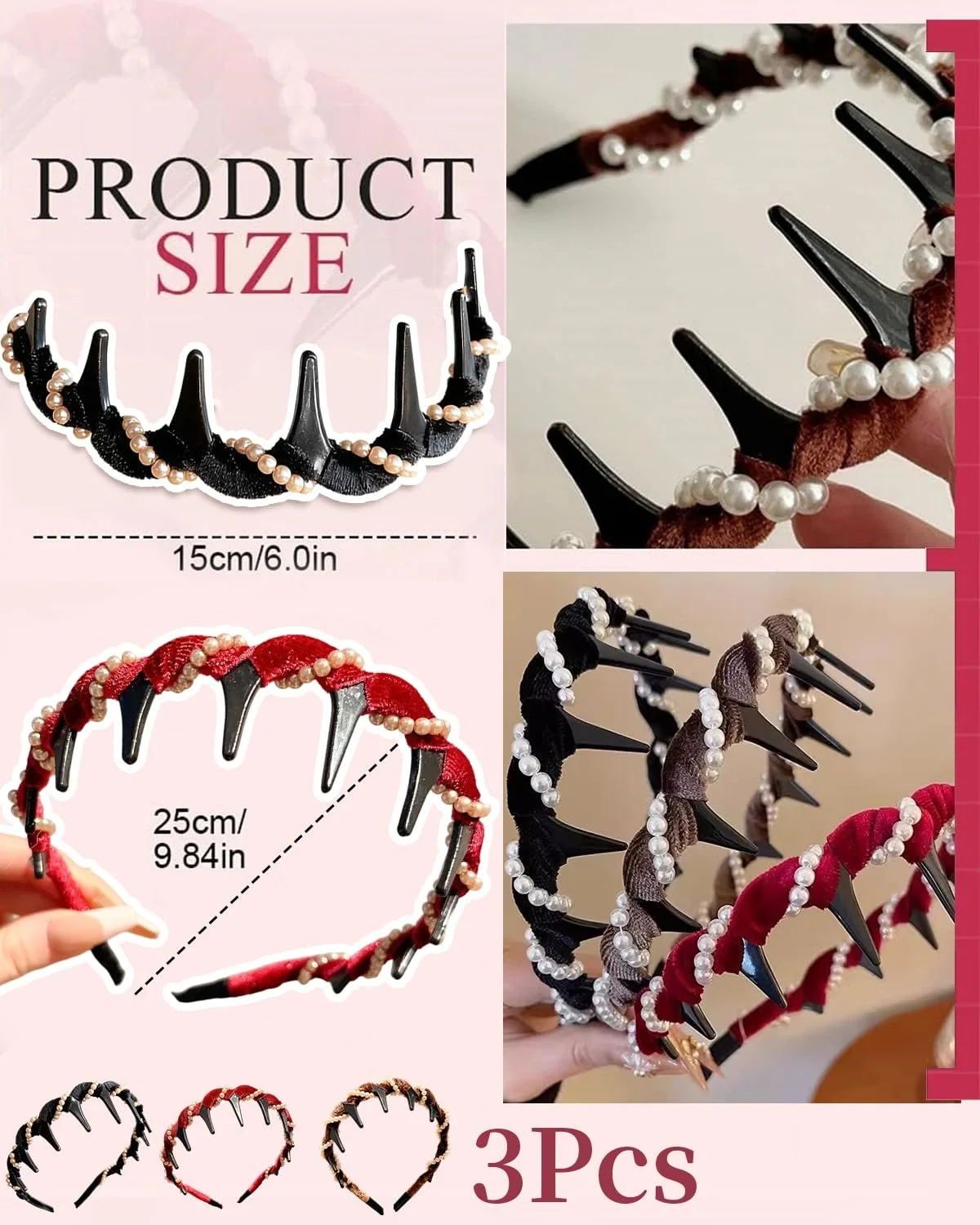 Обруч для волос 3 шт с жемчугом, фото №2