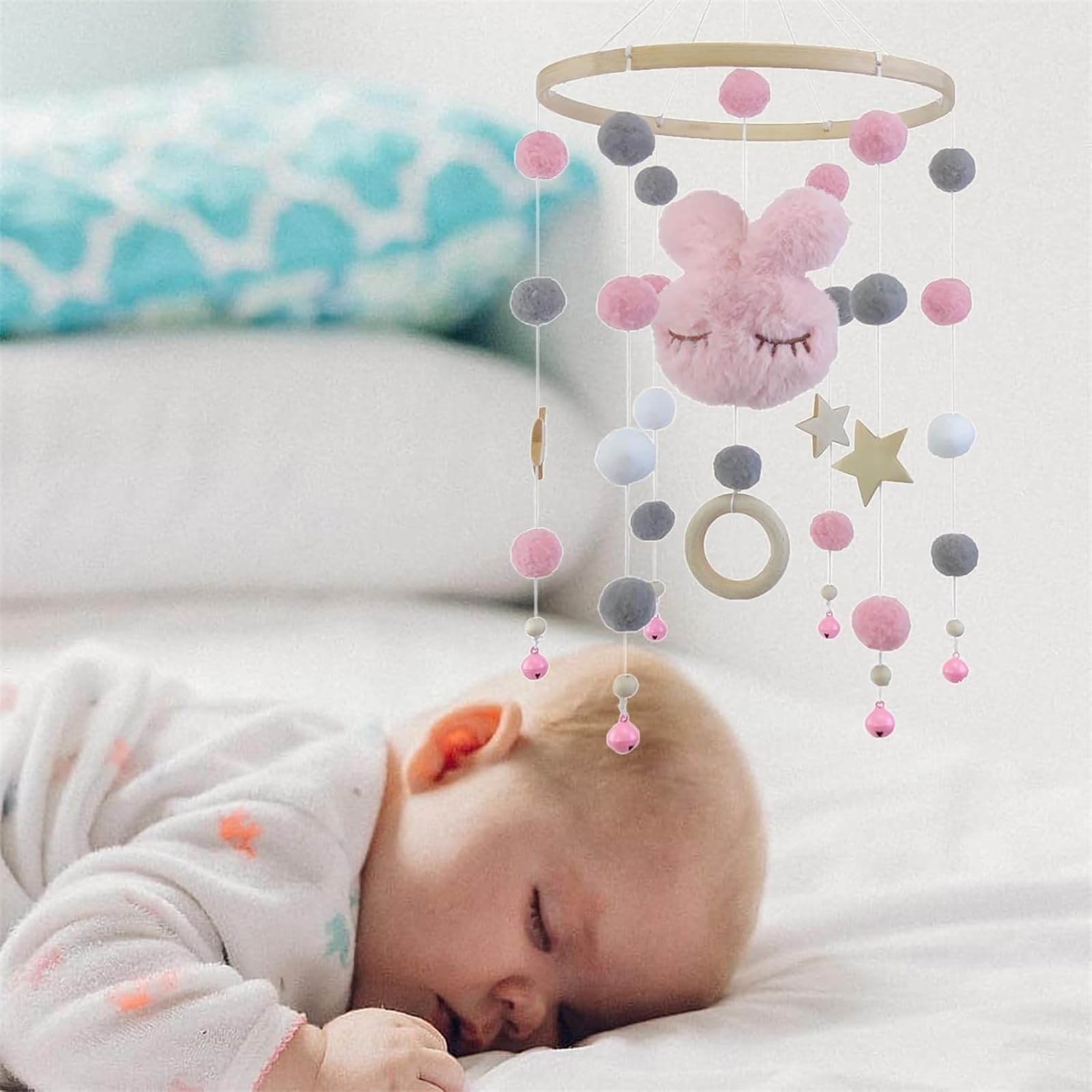 Мобиль Baby Wind Chimes Кроватный Ветряной колокольчик с фетровыми шариками Кролик Пентаграмма Кровать Колокол Ветряной колокольчик Деревянные подвески Подарок для девочек мальчиков (розовый кролик, 20 x 50 см), фото №4