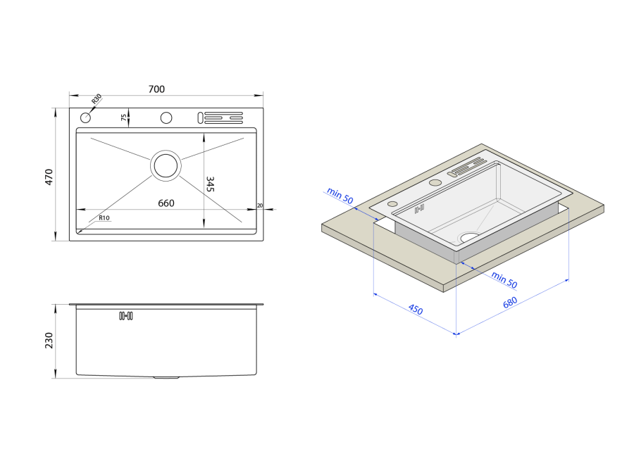 Чорна кухонна мийка з нержавіючої сталі 1.5 мм багатофункціональна Nett NB-7048, фото №3