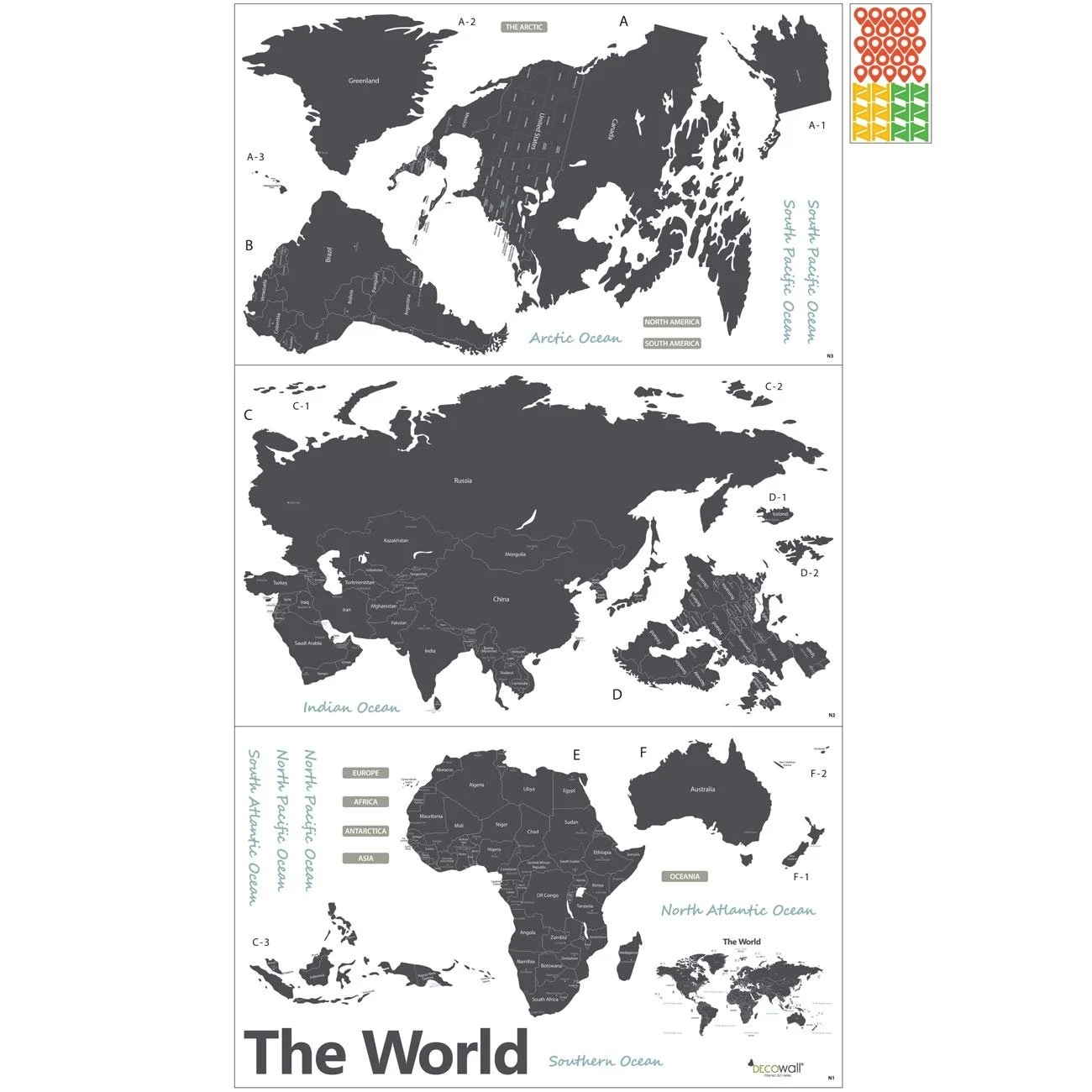 Наклейка на стіну DECOWALL Modern Grey World Map DL3-1609G 164 x 90 см сіра, фото №5