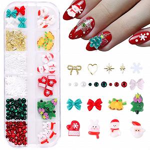 Набір 3D прикрас для нігтів на різдвяну тематику 12 дизайнів: ялинка, зірка, сніговик та сніжинки з зірками, дзвіночками, дорогоцінним камінням для DIY манікюру - Фото 1
