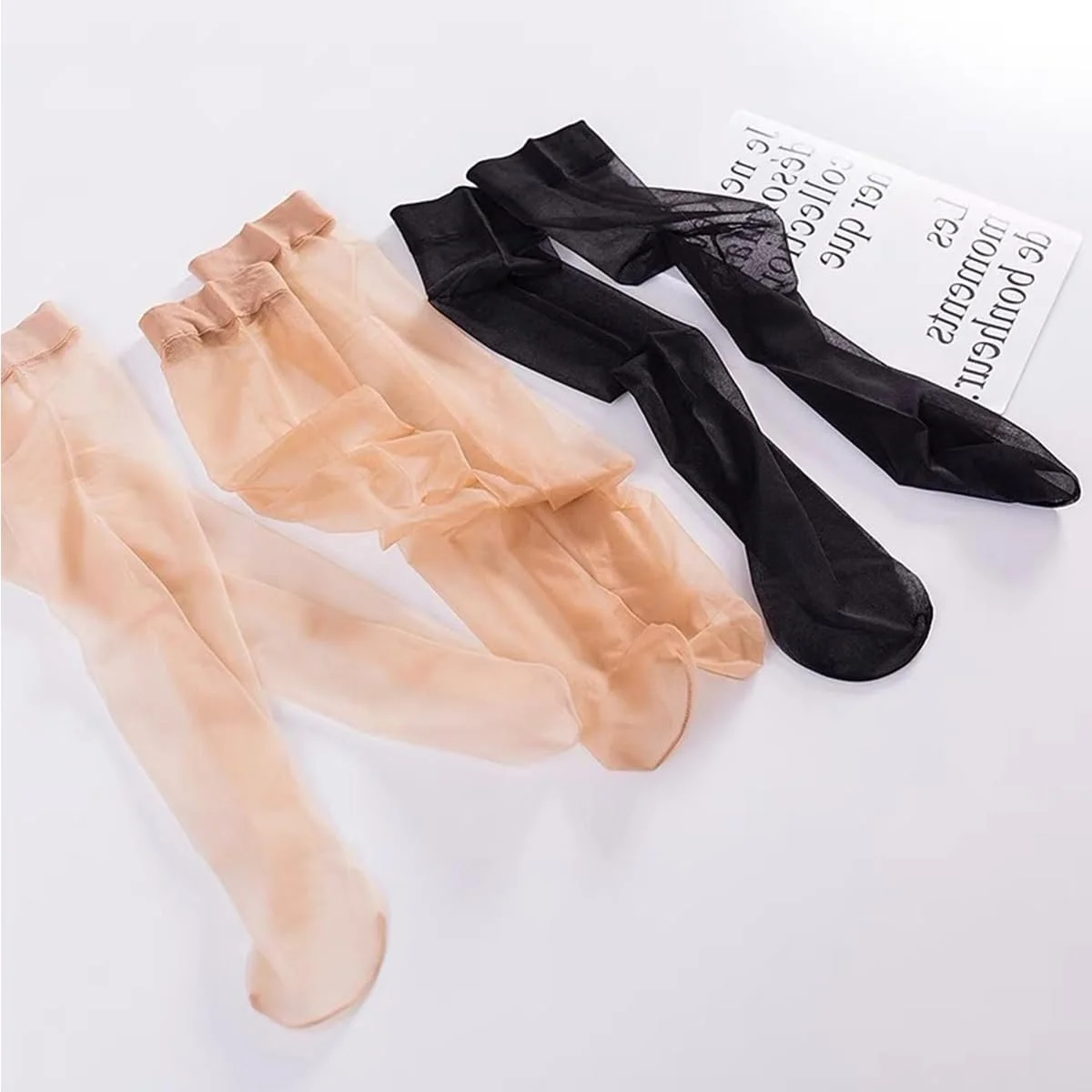 Чулки женские до колена, 8 пар, нейлоновые, тонкие, легкая поддержка, прозрачные, черные и телесные, фото №7