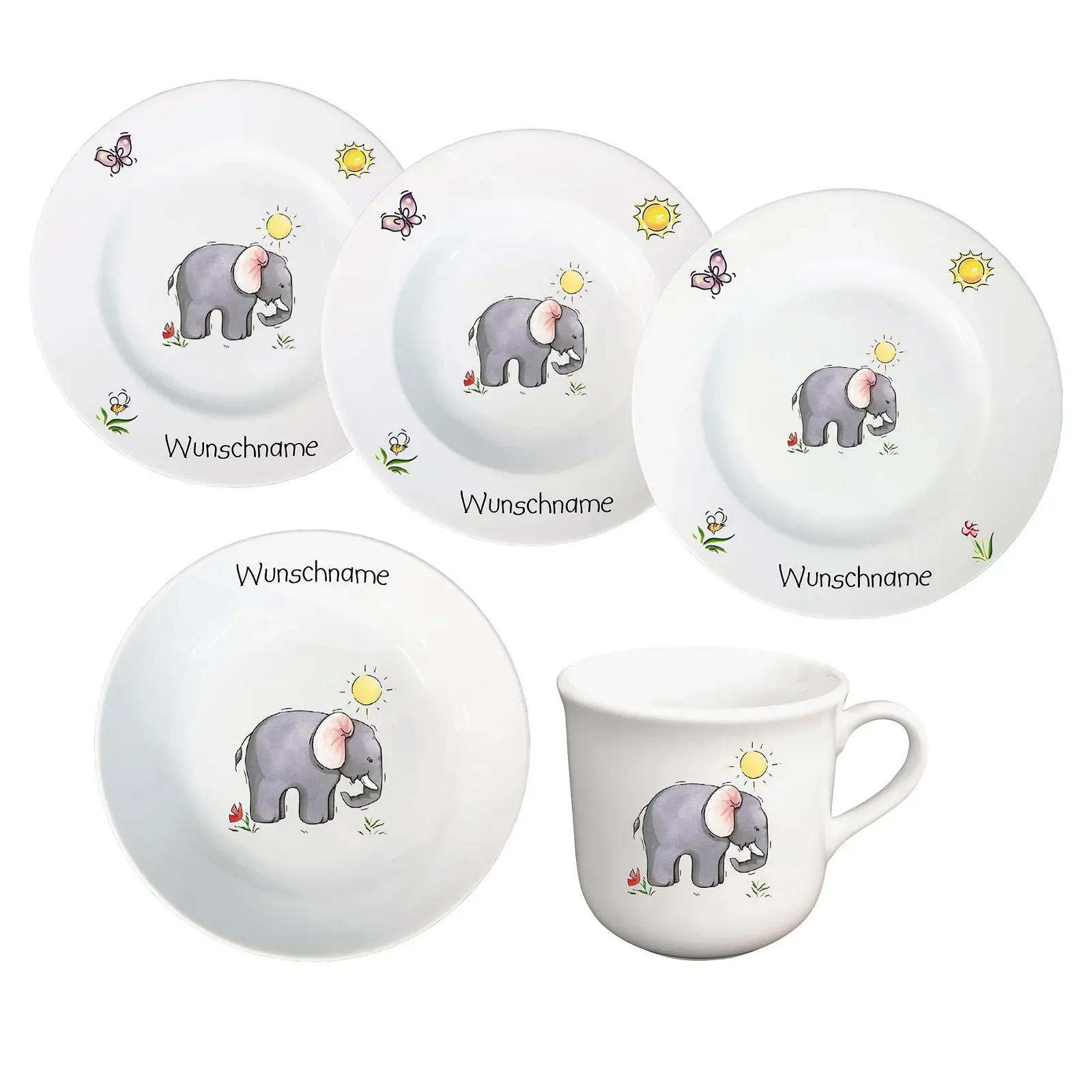 Детский Набор Посуды Персонализированный, 5 предметов, Фарфор, Тарелка, Кружка, Миска, Имя на выбор, Слоненок, фото №1 Детский Набор Посуды Персонализированный, 5 предметов, Фарфор, Тарелка, Кружка, Миска, Имя на выбор, Слоненок, фото №1