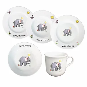 Детский Набор Посуды Персонализированный, 5 предметов, Фарфор, Тарелка, Кружка, Миска, Имя на выбор, Слоненок - Фото 1