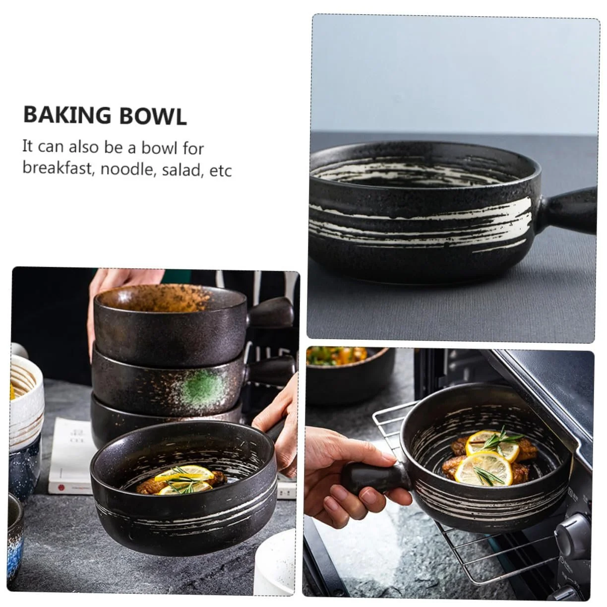 Миска для запікання керамічна з ручкою для мікрохвильової печі та духовки чорна, фото №2