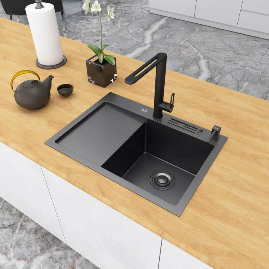 Чорна раковина на кухню з лівим крилом Nett NB-6045(L), фото №1