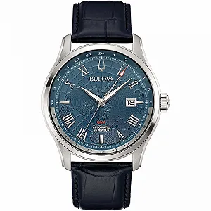 Часы Bulova Classic Wilton GMT 96B385 Мужские Сталь и Кожа Серебристый/Черный/Синий, 43 мм, Водостойкость: 3 Бар - Фото 1