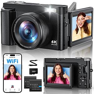 Цифровой фотоаппарат 4K 64MP с WiFi, 16-кратным цифровым зумом, экраном, вращающимся на 180 градусов, автофокусом, компактный фотоаппарат с WiFi, картой на 32 ГБ, 2 аккумуляторами - Фото 1