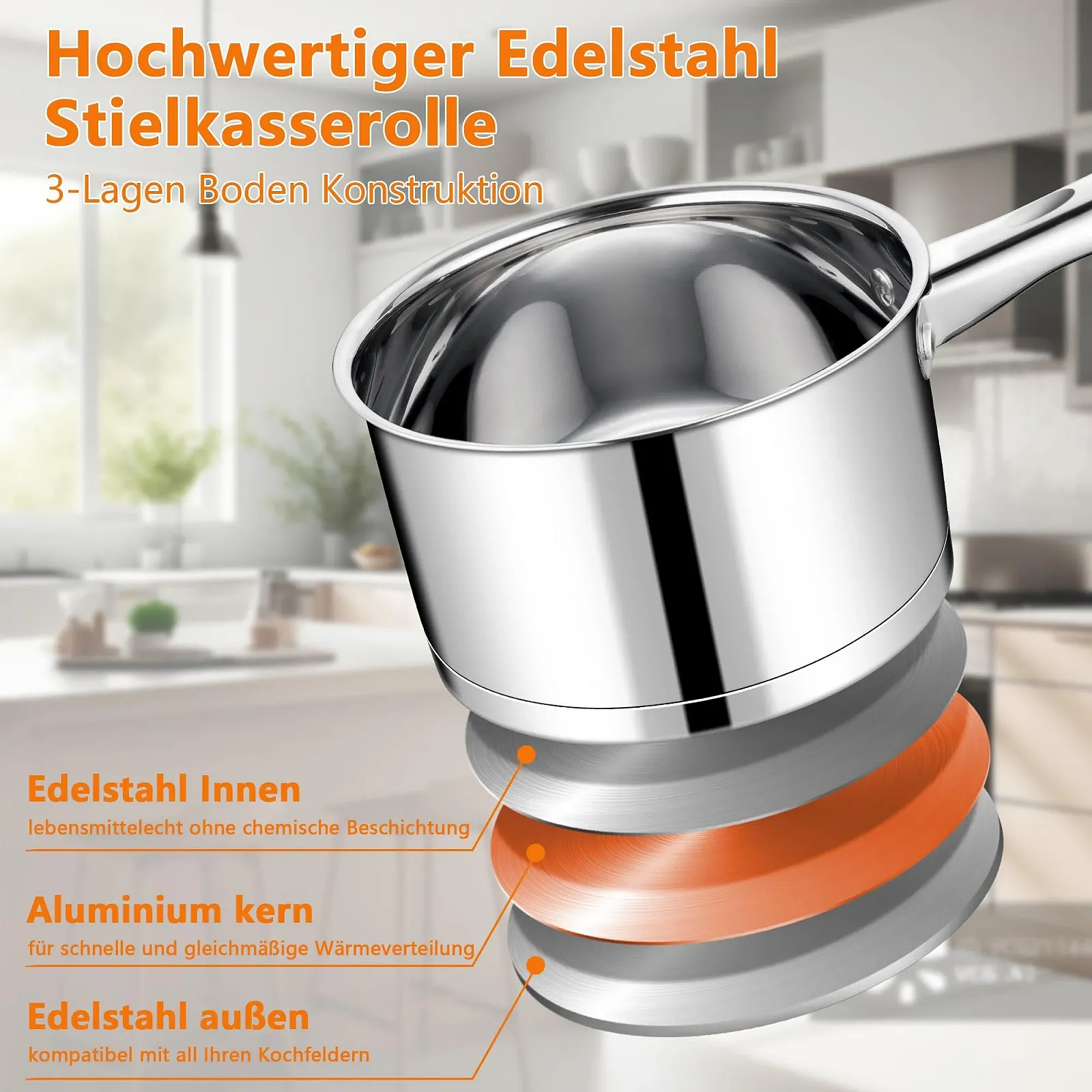 Кастрюля TEAMFAR Малая из нержавеющей стали для молока 14 см Индукционная со стеклянной крышкой 3-слойное дно для всех плит 0.9 л, фото №4