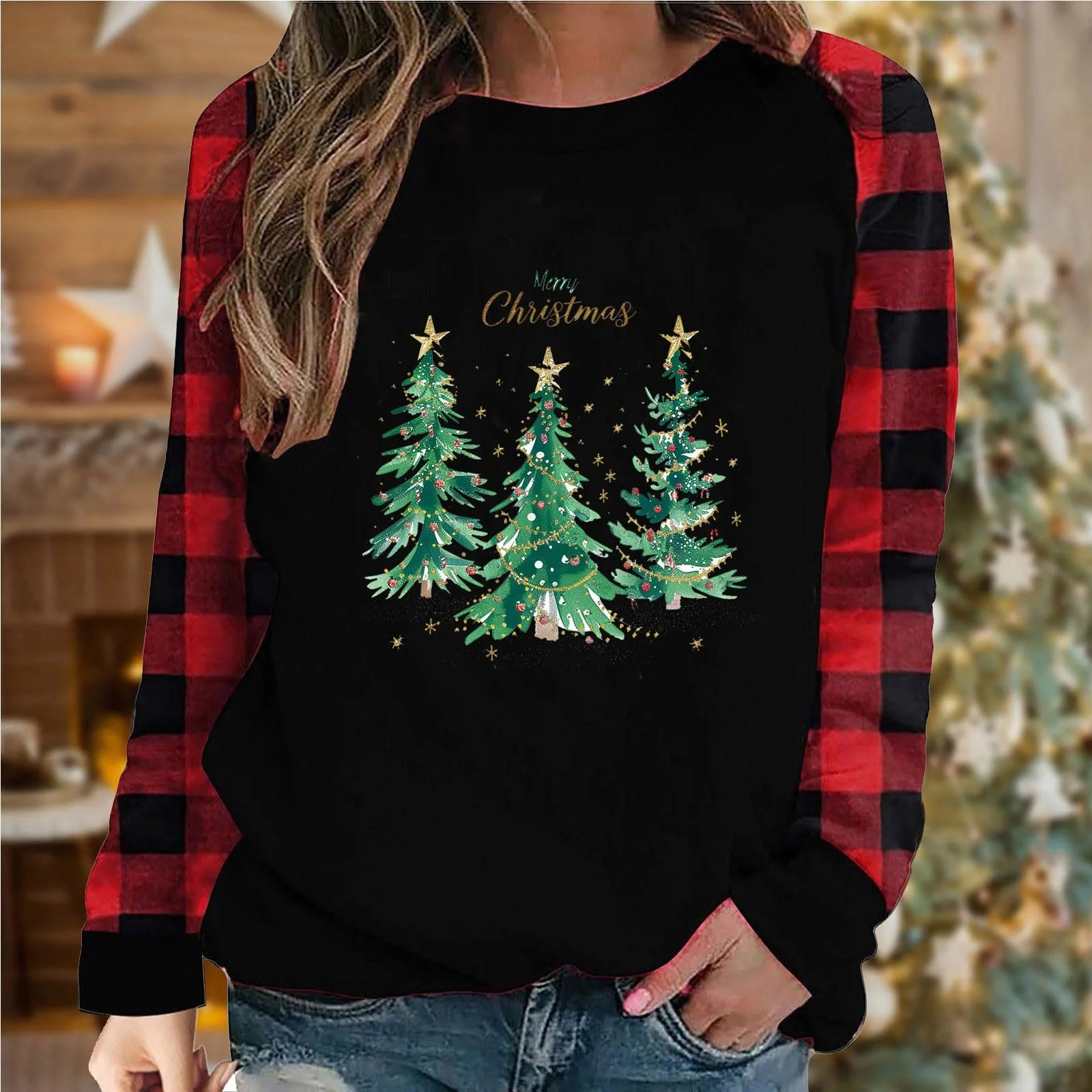 Рождественский Свитшот HAOLEI, Элегантный, Шикарный Пуловер, Мягкий, Удобный, Рождественский Джемпер, Уродливый, Оригинальный, Рождественский Принт, Круглый Вырез Горловины, Клетчатый, Длинный Рукав, Свободный Топ, фото №2