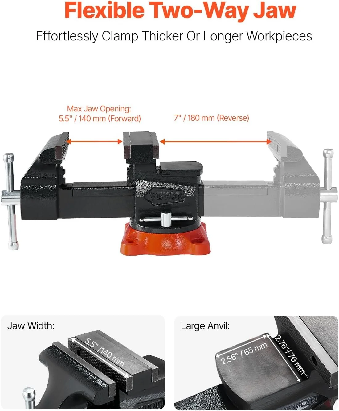 Верстатные тиски VEVOR 5.5'' / Ковкий чугун / Поворотные 360° / Сила зажима 22 кН / Черные, фото №5 Верстатные тиски VEVOR 5.5'' / Ковкий чугун / Поворотные 360° / Сила зажима 22 кН / Черные, фото №5