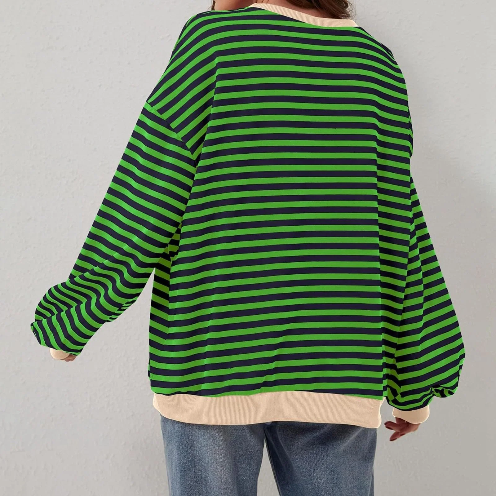Свитшот pvucpot Женский в полоску Цветной блок Топ Пуловер Повседневный Круглый вырез Длинный рукав Свободный Свитшот Женский в полоску Пуловер Женский топ, фото №4