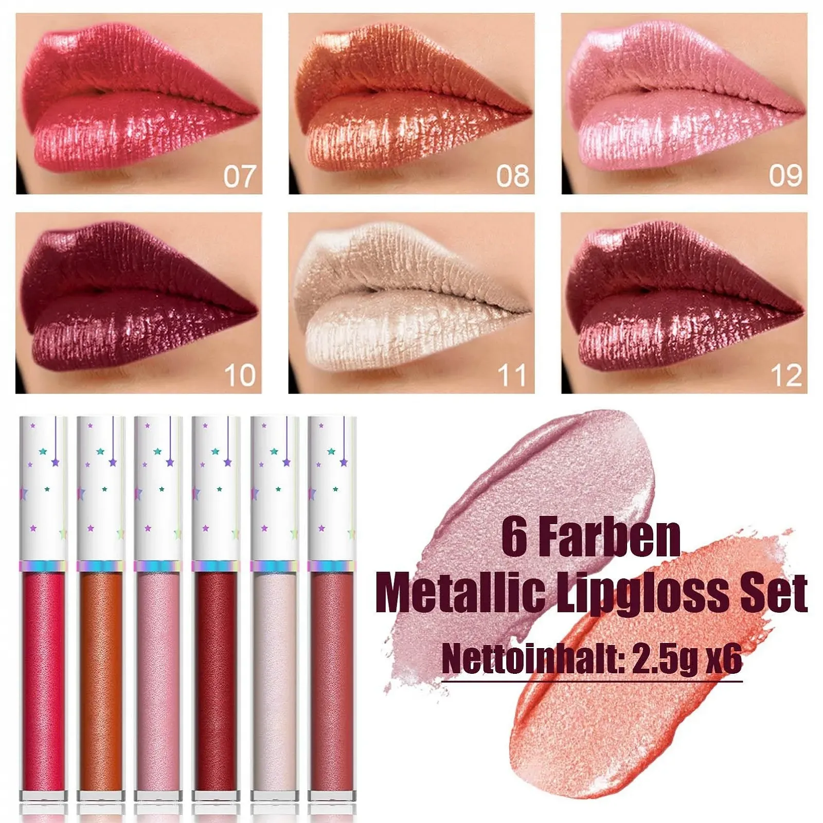 Металлический блеск для губ, матовая жидкая помада с металлическим блеском, блеск для губ стойкий и водостойкий, жидкая помада с высокой пигментацией, мерцающие губы, шелковистая текстура, увлажняющая формула, фото №2