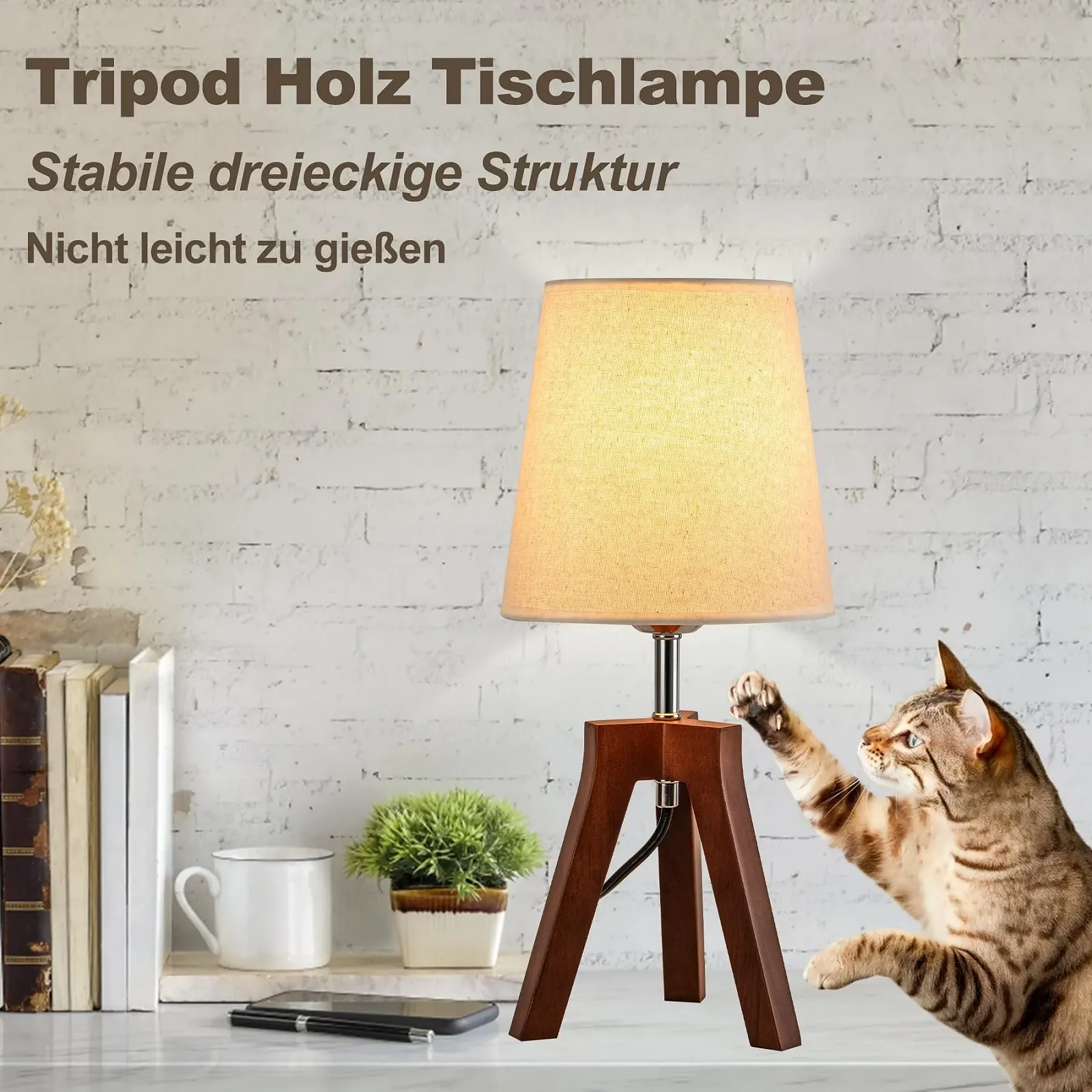 Приліжкова лампа Dreamholder дерев'яна, штатив, лляний абажур, основа горіх, фото №3