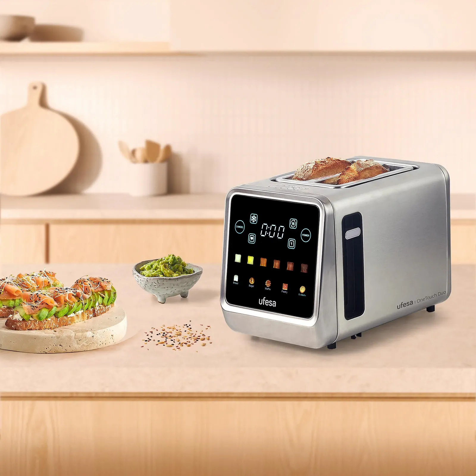 Тостер Ufesa One Touch Duo Digital 850 Вт, 2 слоти, LED дисплей, 6 рівнів підсмажування, функції для хліба, бубликів, мафінів, вафель, розігріву, розморожування, функція запам'ятовування, висувний піддон для крихт, фото №3