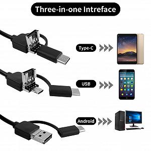 Эндоскоп Инспекционная Камера Type C USB 3 в 1 с 6 LED Подсветками 7мм IP67 Водонепроницаемая для труб Android Компьютер (2м) synthetic.ua - Фото 1