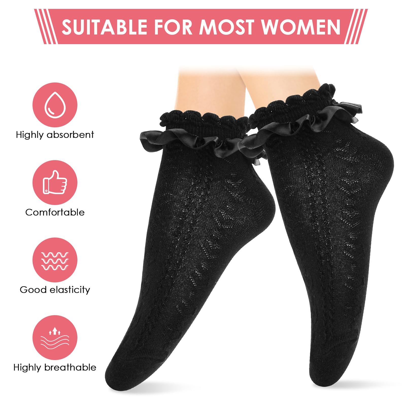 Шкарпетки з мереживними оборками 2 пари Бавовняні шкарпетки з оборками та стрічковою обробкою для жінок, фото №4