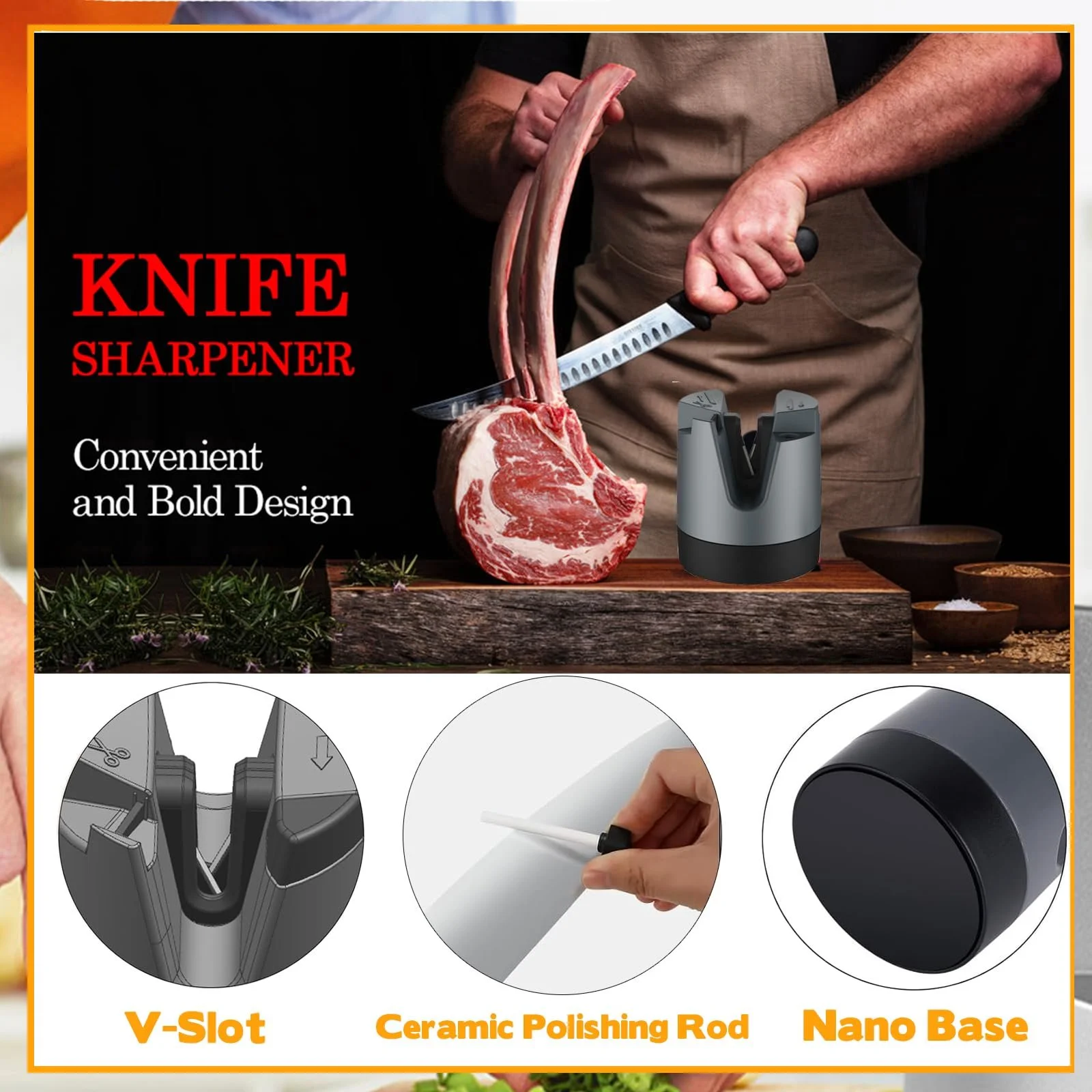 Точило для ножів VITEVER з присоскою для прямих, серрейторних ножів та ножиць сіра, фото №3