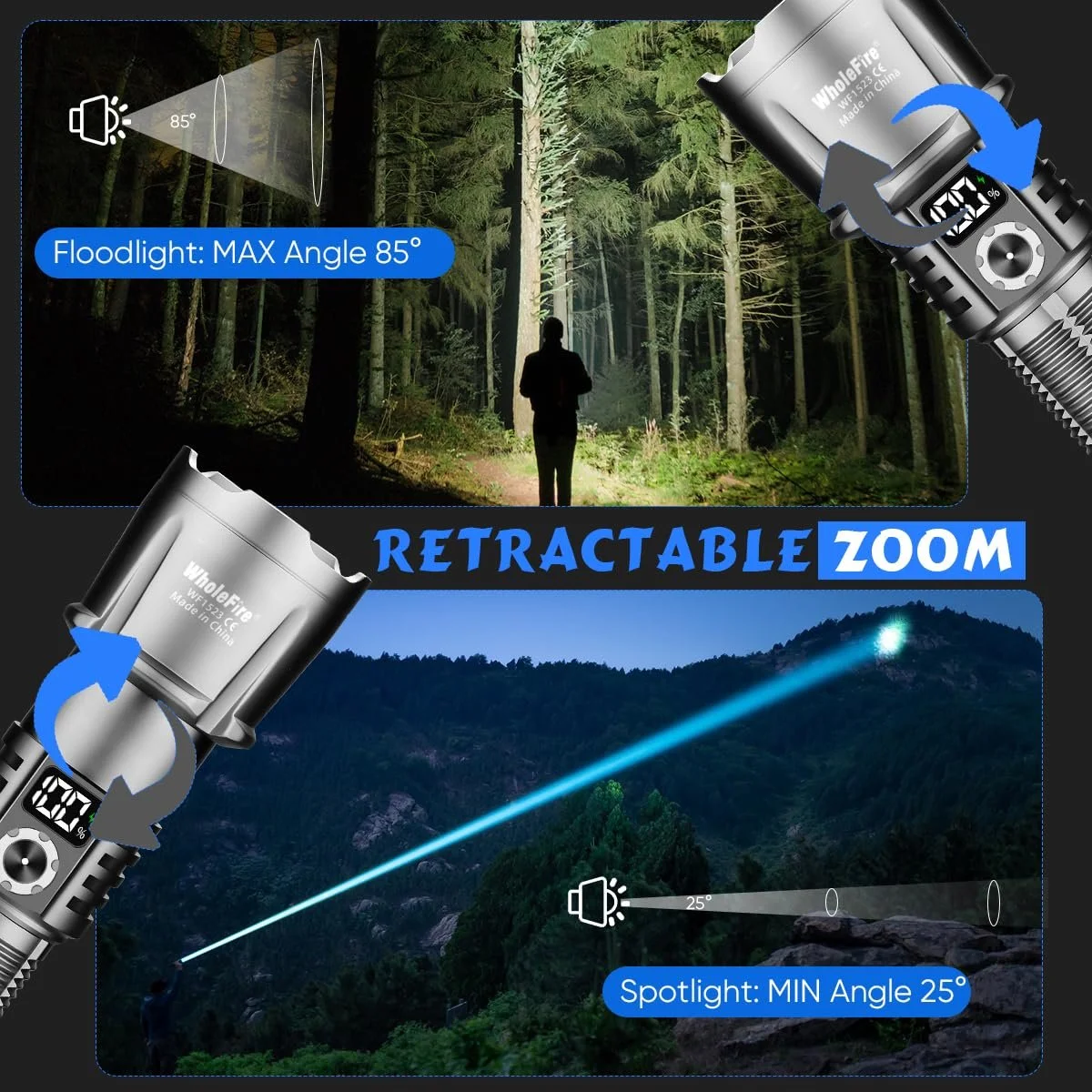 Ліхтар WholeFire LED Перезаряджуваний Надзвичайно Яскравий 150 000 Люмен Водонепроникний на Акумуляторі для Кемпінгу, Пішого Туризму, Риболовлі, Активного Відпочинку, Надзвичайних Ситуацій, фото №4