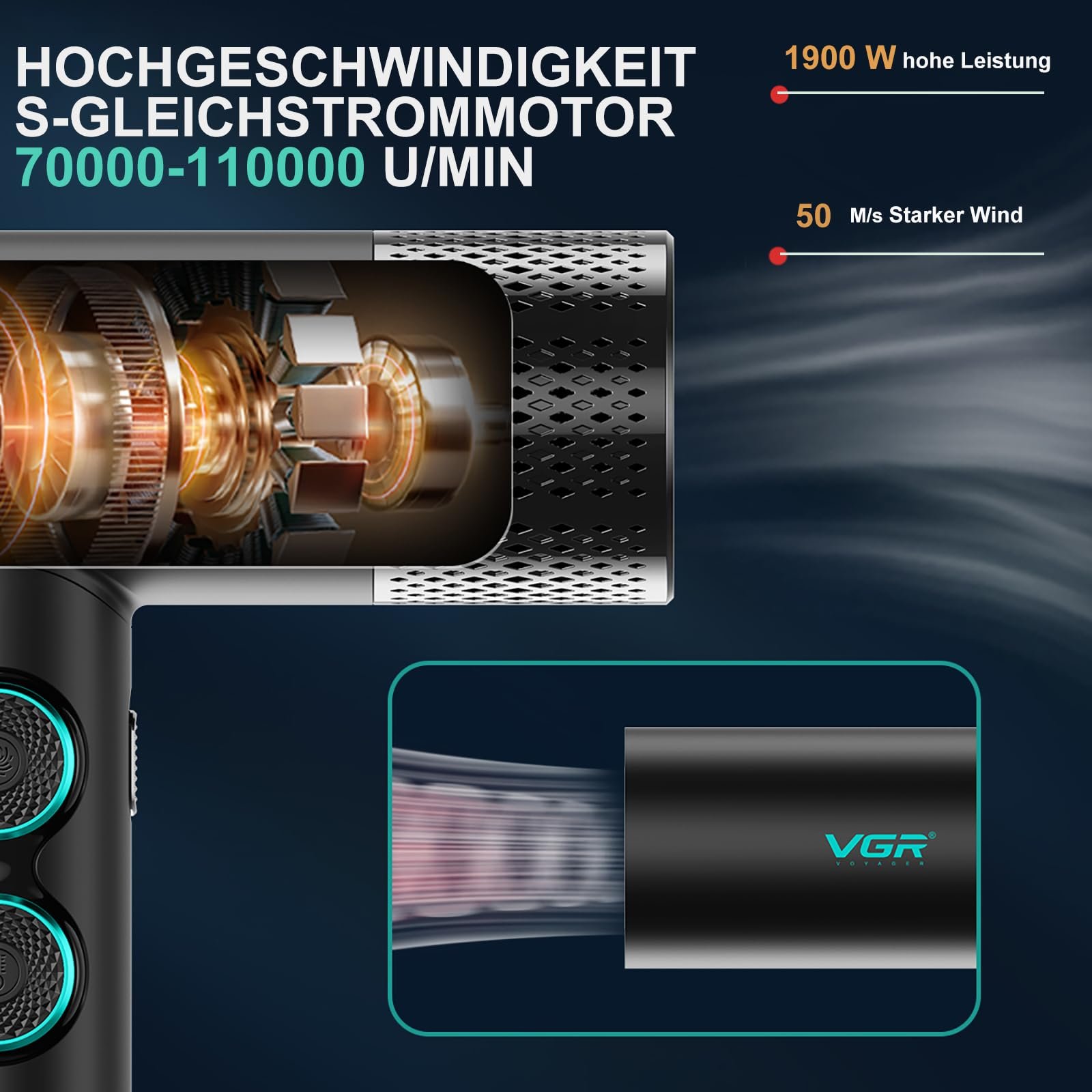 Фен VGR 401 с отрицательными ионами, профессиональный BLDC мотор, LED дисплей, регулировка температуры и скорости, магнитный диффузор и 2 насадки, черный, фото №5