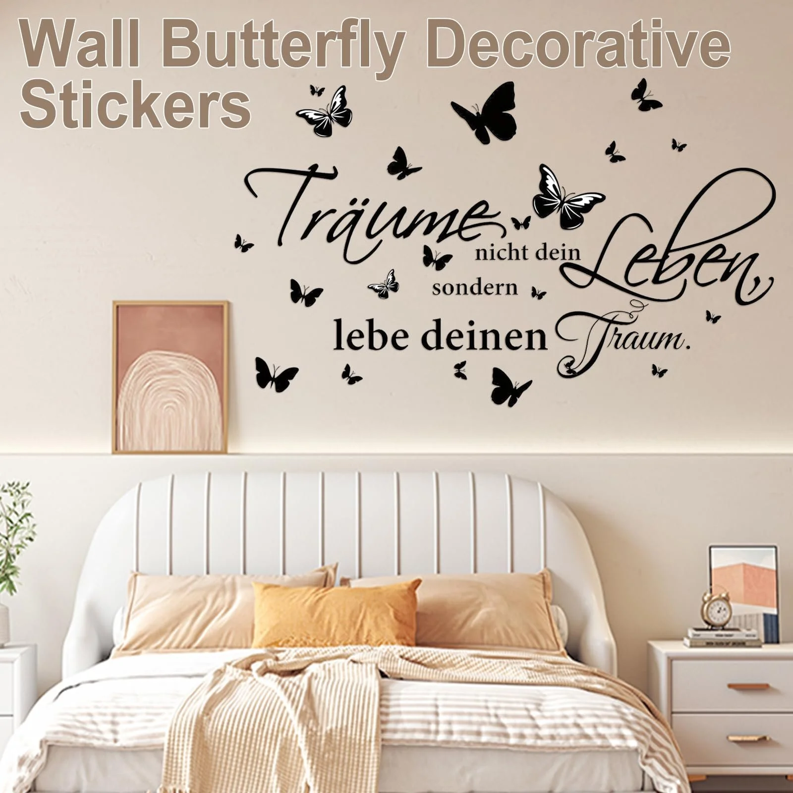 Наклейка на стіну Träume nicht dein Leben, sondern lebe deinen Traum з метеликами чорна, фото №2