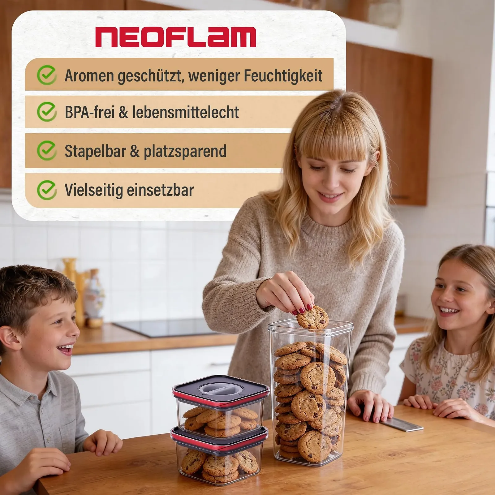 Набір банок для зберігання Neoflam герметичні з поворотним замком BPA-free чорний/червоний 4 шт, фото №5 Набір банок для зберігання Neoflam герметичні з поворотним замком BPA-free чорний/червоний 4 шт, фото №5