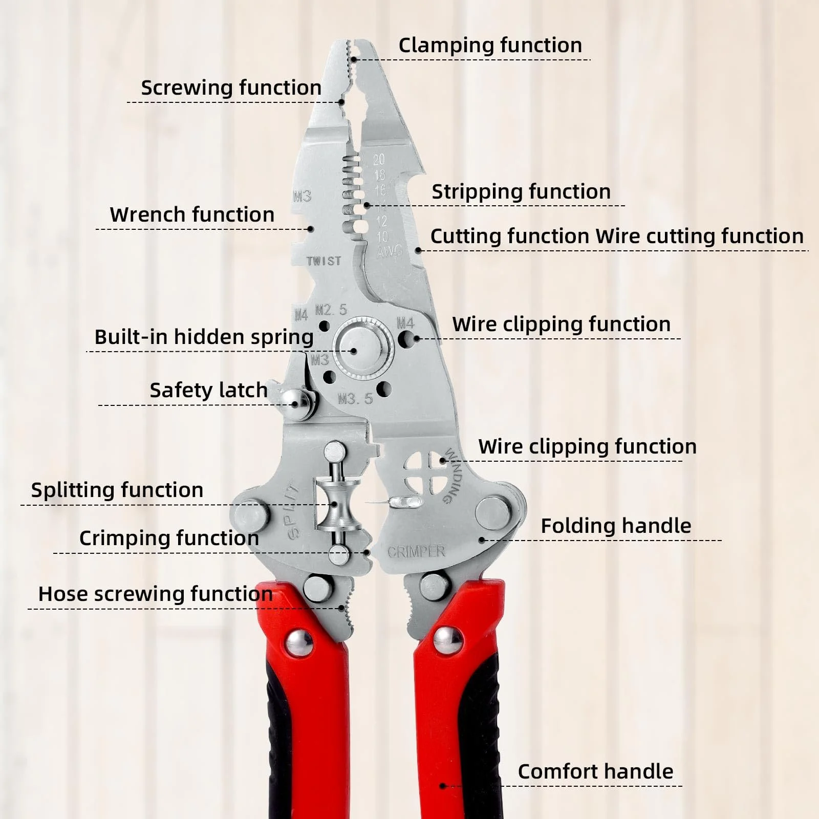 Складной многофункциональный стриппер для проводов Stainless Steel с функцией кримпера Red, фото №5