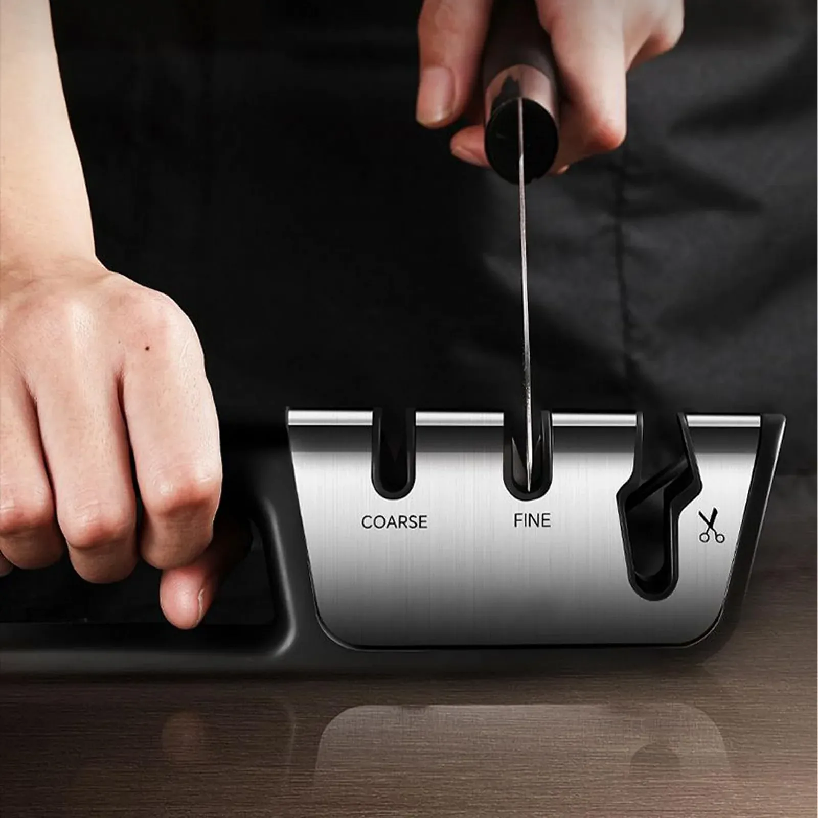 Точилка для ножів та ножиць ручна 3-зонна професійна ABS сплав, фото №7