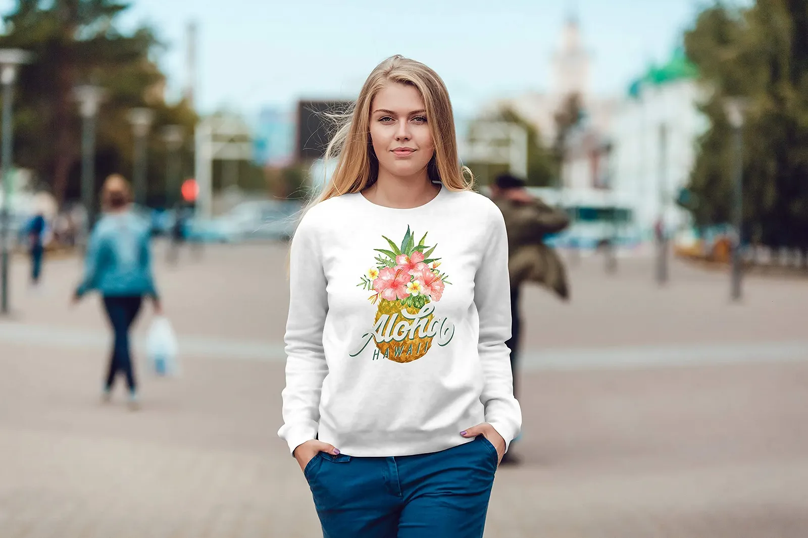 Женский свитшот Neverless Рисунок Ананас Тропический Дизайн Надпись Aloha Hawaii Тропические Цветы Круглый вырез, фото №3