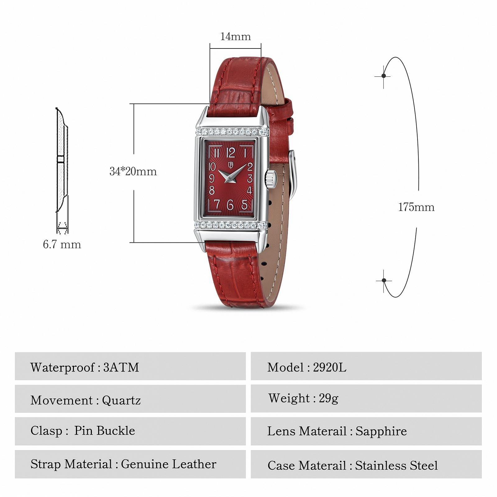 BERNY Женские прямоугольные часы Кварцевые часы Циферблат с арабскими цифрами Ремешок из натуральной кожи Водонепроницаемые, фото №6