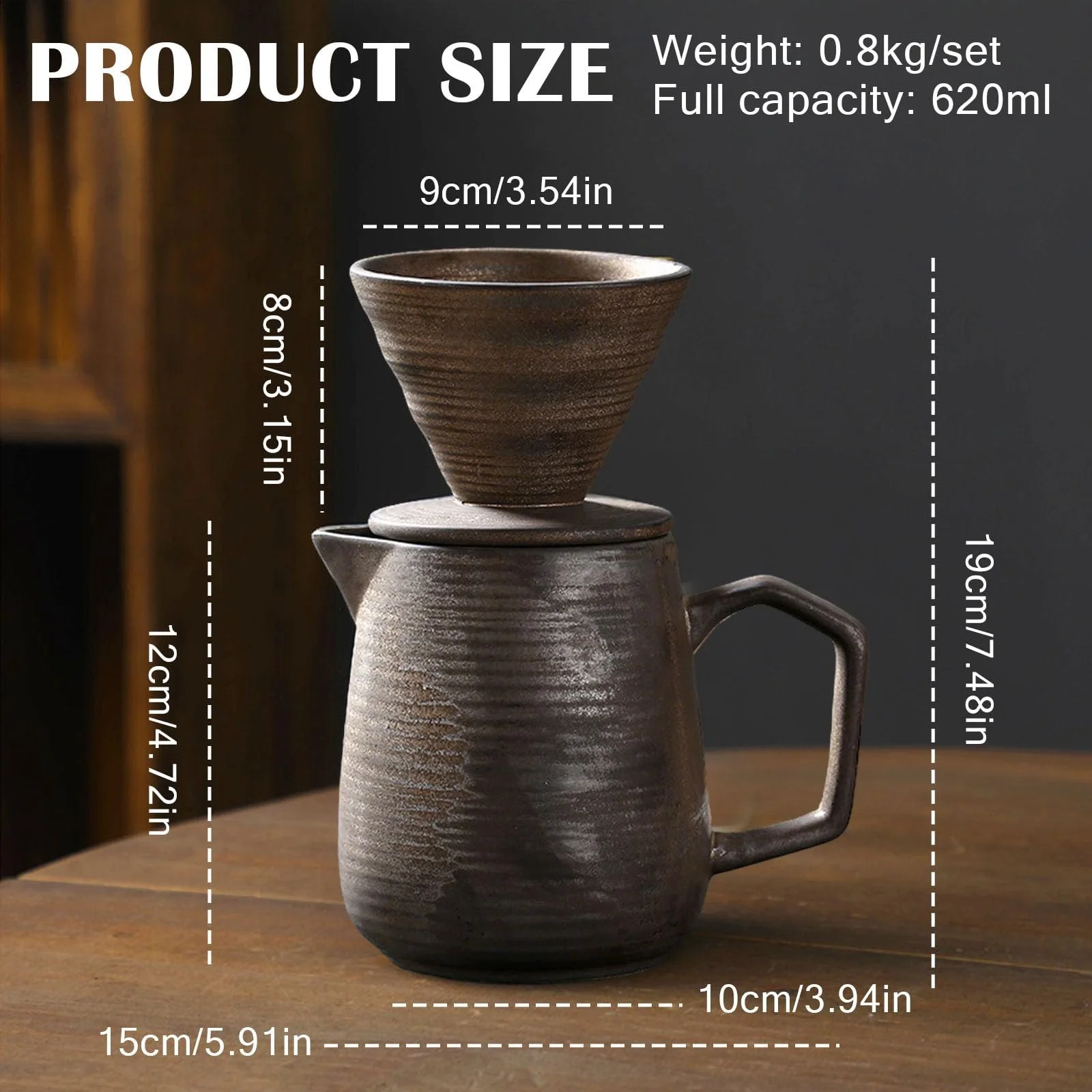 Кофеварка Pour Over Фарфоровый фильтр для кофе с чашкой, 620 мл / 260 мл Ретро кофейник с фильтром, ручная капельная кофеварка, микроволновая печь безопасна (Темный, 620 мл), фото №2