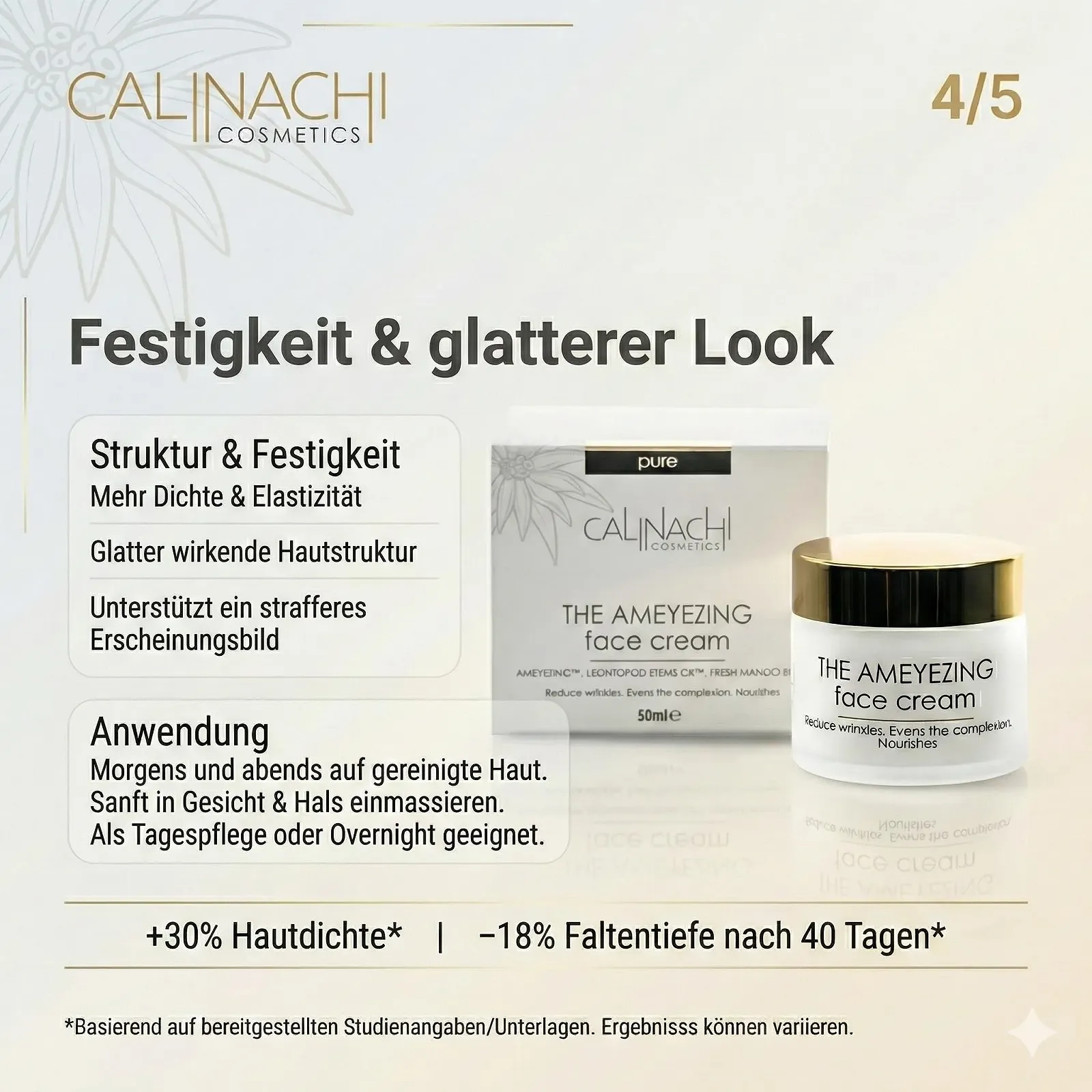 Крем для обличчя CALINACHI Regenerating Anti-Ageing 50 мл AMEYEZING, LEONTOPOD STEMS GX, AQUAXYL Зволоження та рівний колір обличчя Для чутливої шкіри Без ароматизаторів, фото №5