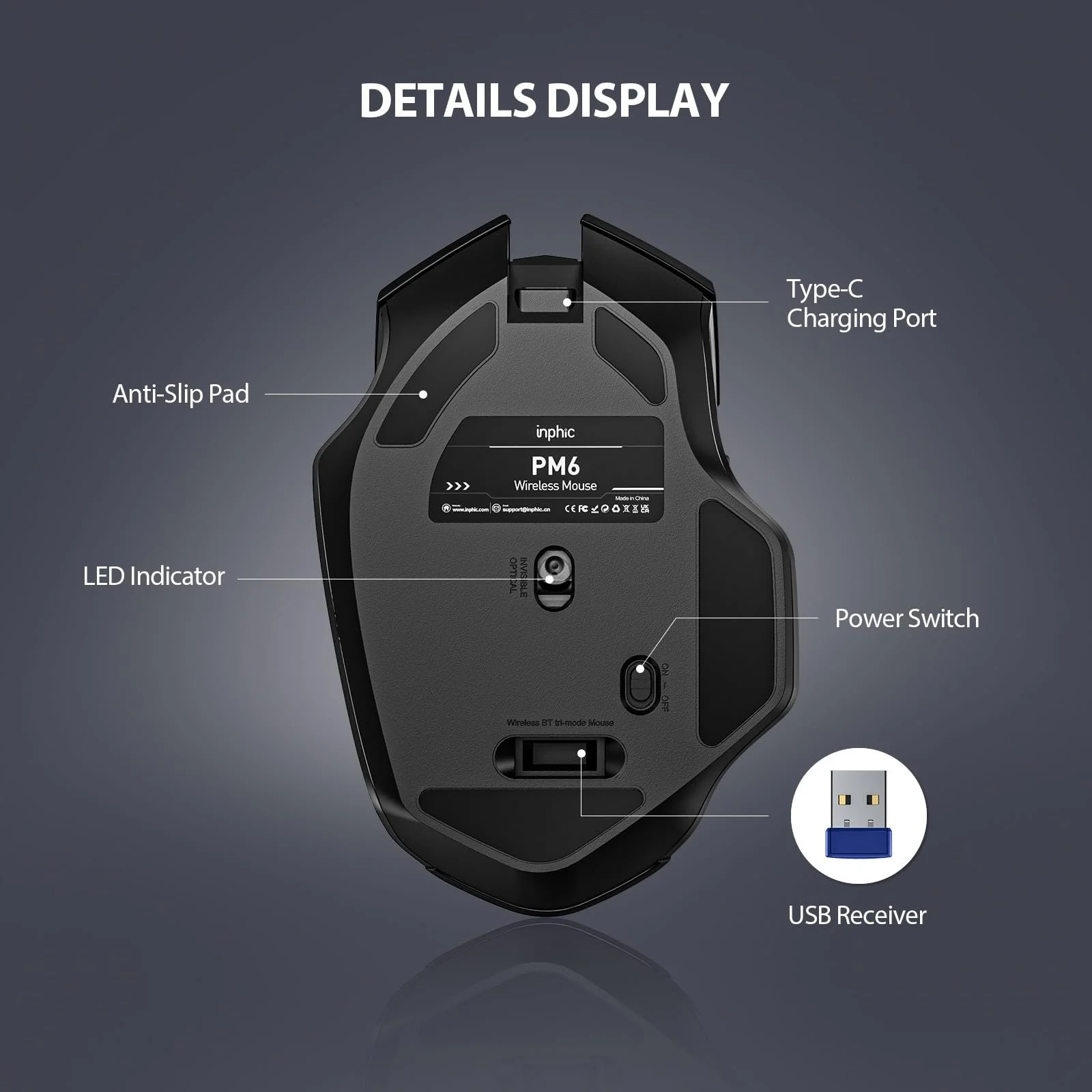 Мышь Беспроводная Перезаряжаемая INPHIC 2.4G с USB Нано-приемником, 6 Кнопок, 800-1600 DPI, Тихий Клик, Улучшенная Батарея 700 мАч, Черная, фото №7 Мышь Беспроводная Перезаряжаемая INPHIC 2.4G с USB Нано-приемником, 6 Кнопок, 800-1600 DPI, Тихий Клик, Улучшенная Батарея 700 мАч, Черная, фото №7