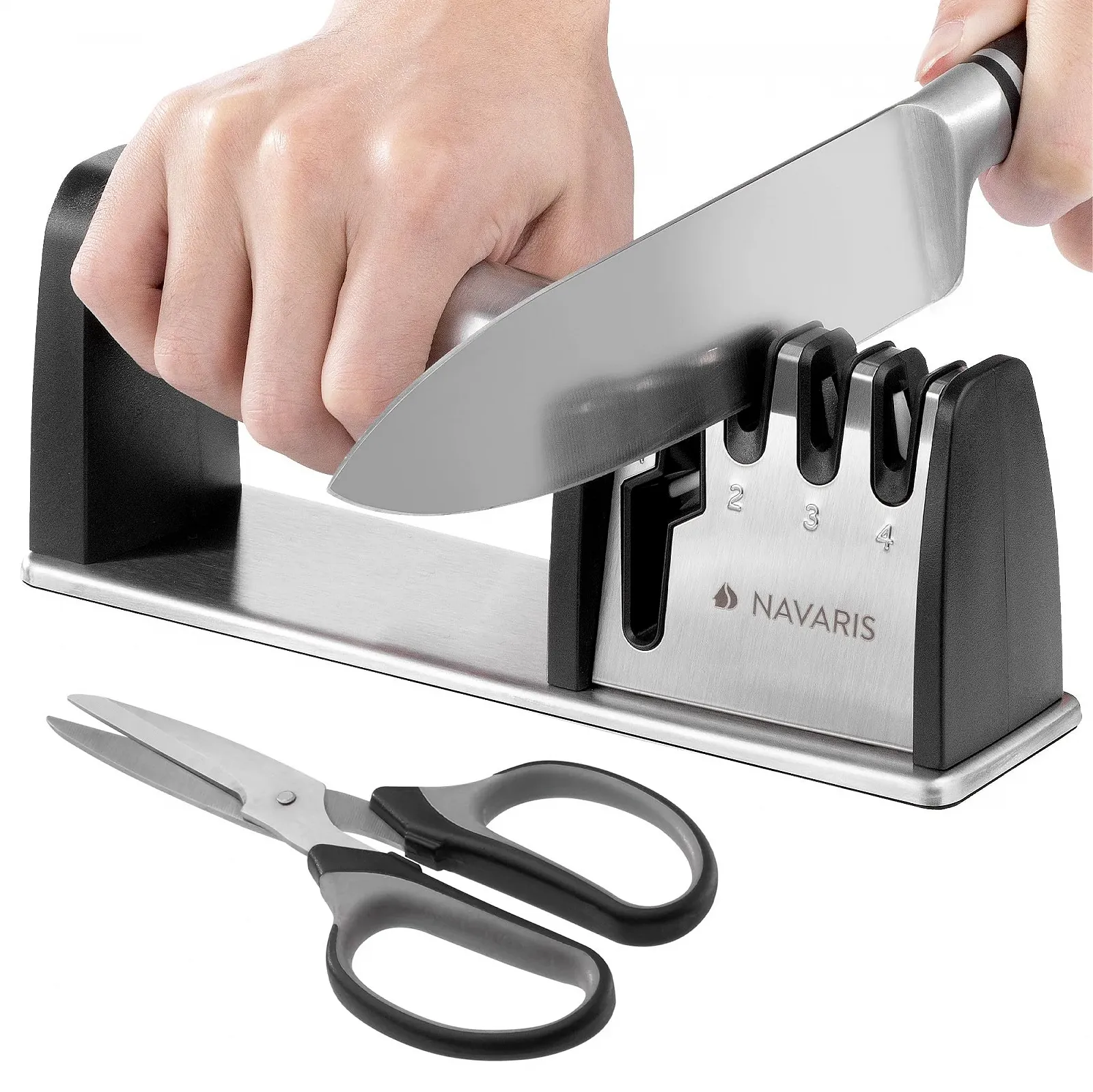 Точилка для ножів та ножиць Navaris Professional 3-ступінчаста нержавіюча сталь, фото №1 Точилка для ножів та ножиць Navaris Professional 3-ступінчаста нержавіюча сталь, фото №1