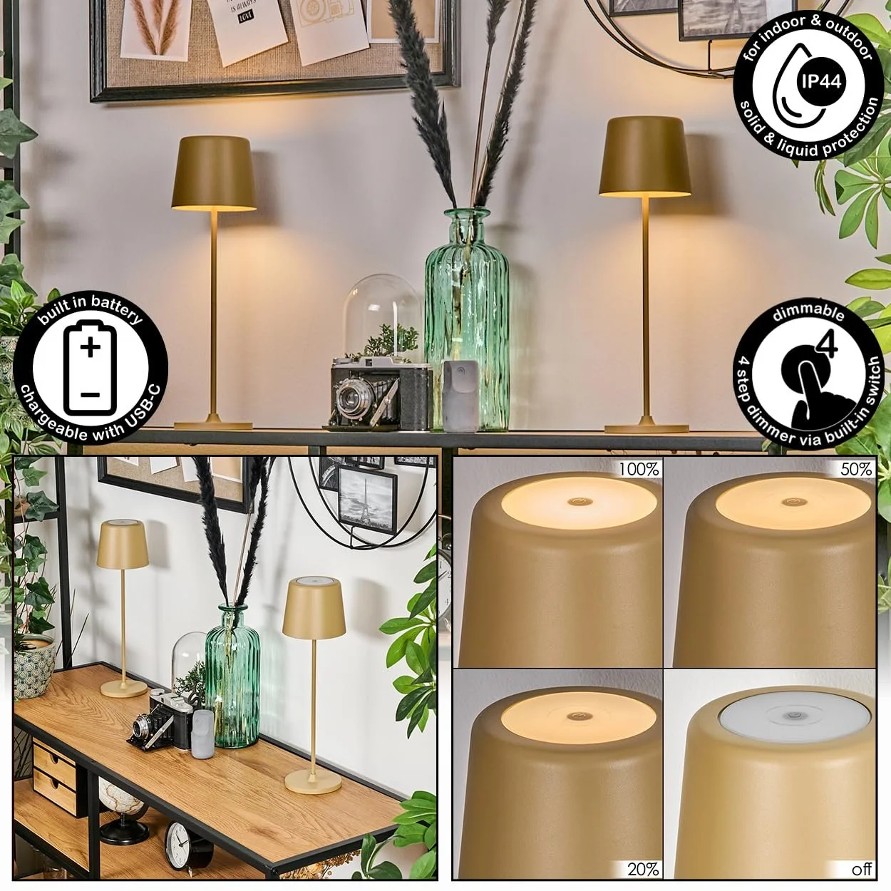 Настільна лампа HOFSTEIN Belece LED набір з 2 шт. метал / пластик акумуляторна USB-C IP44 Бежевий/Білий, фото №2