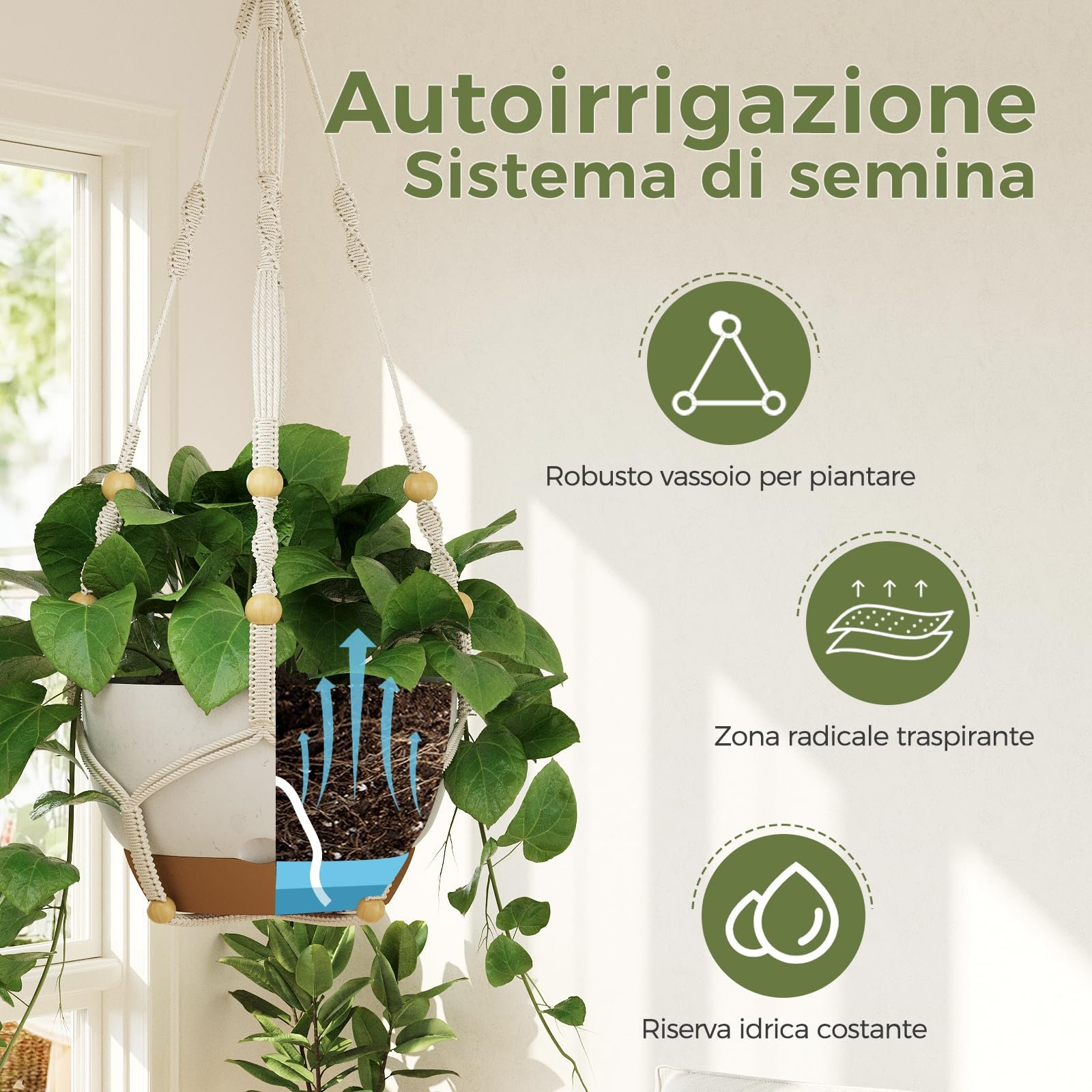 Набір кашпо підвісних Bamworld макраме з автополивом 3 шт. 28/23/20 см білий, фото №3