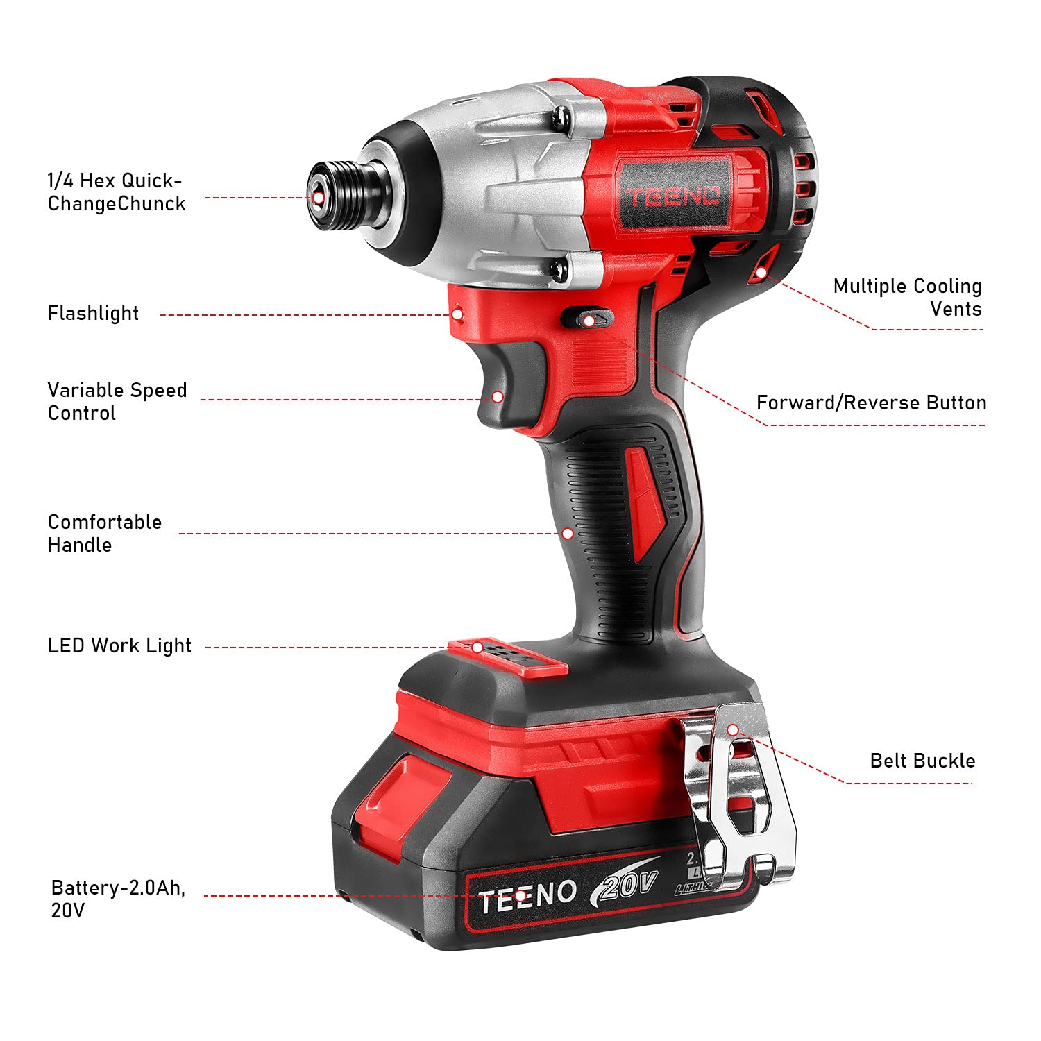 Гайковерт TEENO Ударный 100 Nm Аккумуляторная Дрель Перфоратор 2 аккумулятора 2.0 Ah зарядное устройство 25 аксессуаров 2 инструмента, фото №3