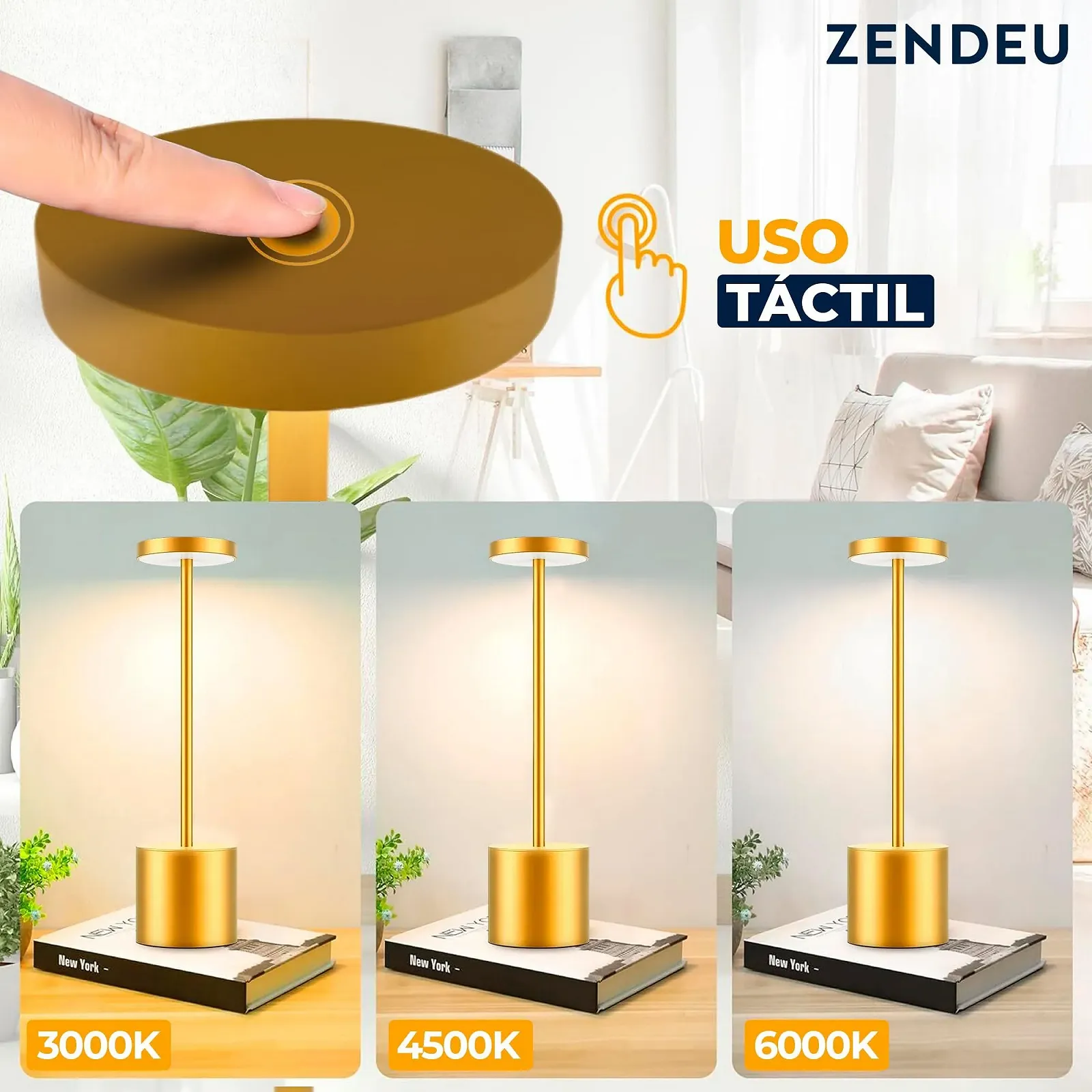 Настільна лампа LED Бездротова 3 режими USB Акумуляторна Золота, фото №6