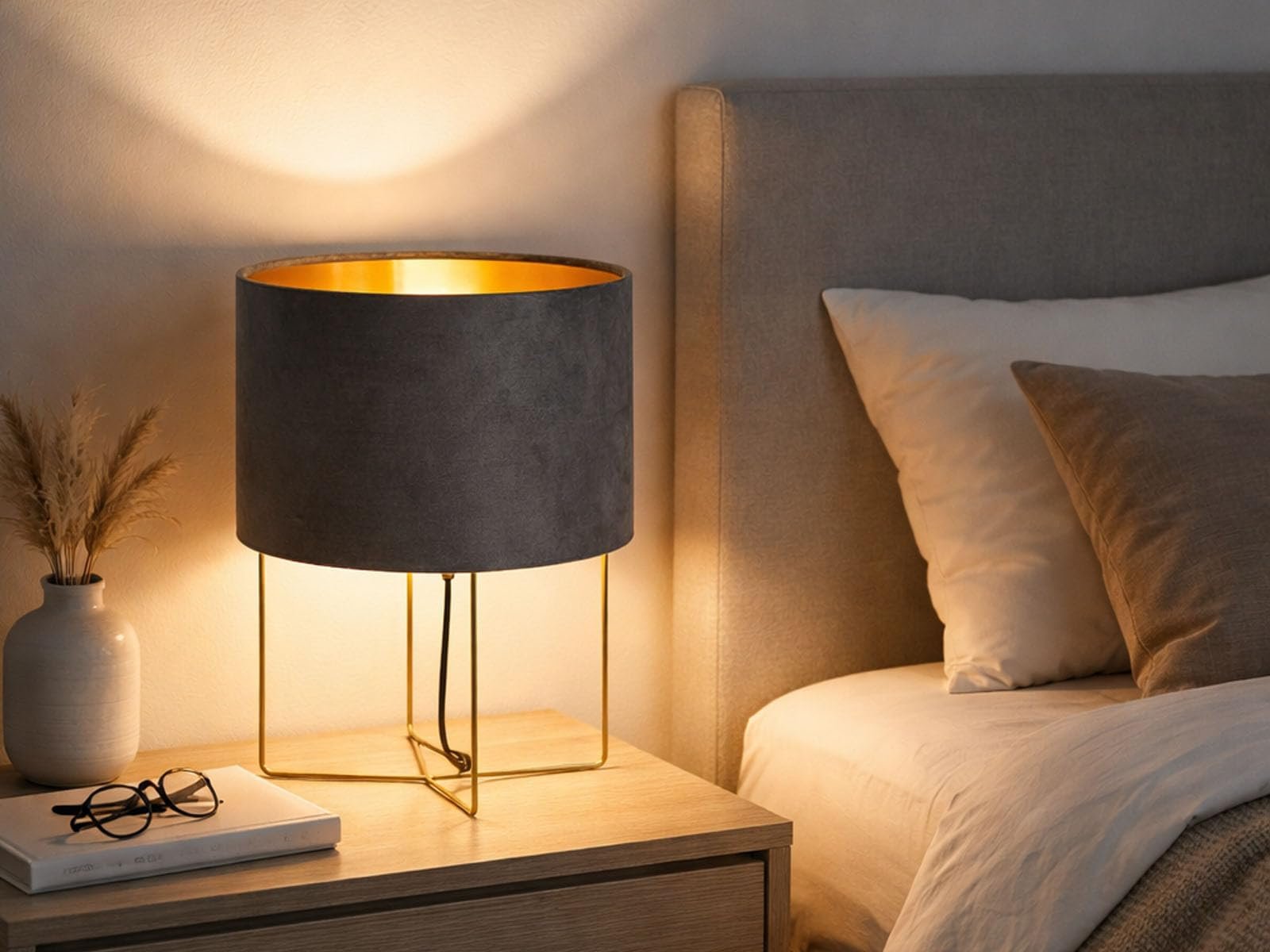 Настільна лампа Велюровий абажур Сіра Золотиста 24 см., фото №2