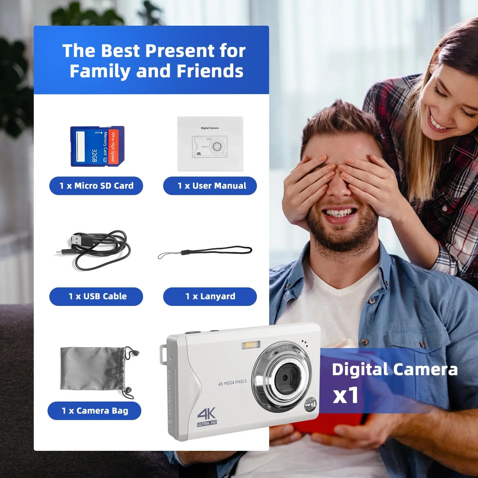 Цифрова камера CCN 48MP 1080P FHD 3.0" екран 16X Digital Zoom портативна компактна 32GB TF-карта USB-кабель Біла, фото №7