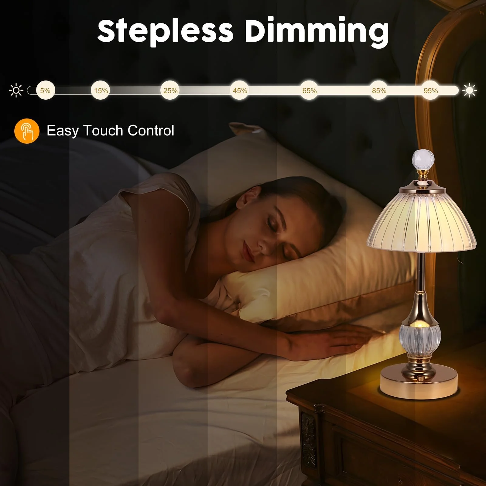 Настільна лампа ALLOMN кришталева світлодіодна акумуляторна сенсорна золота, фото №3