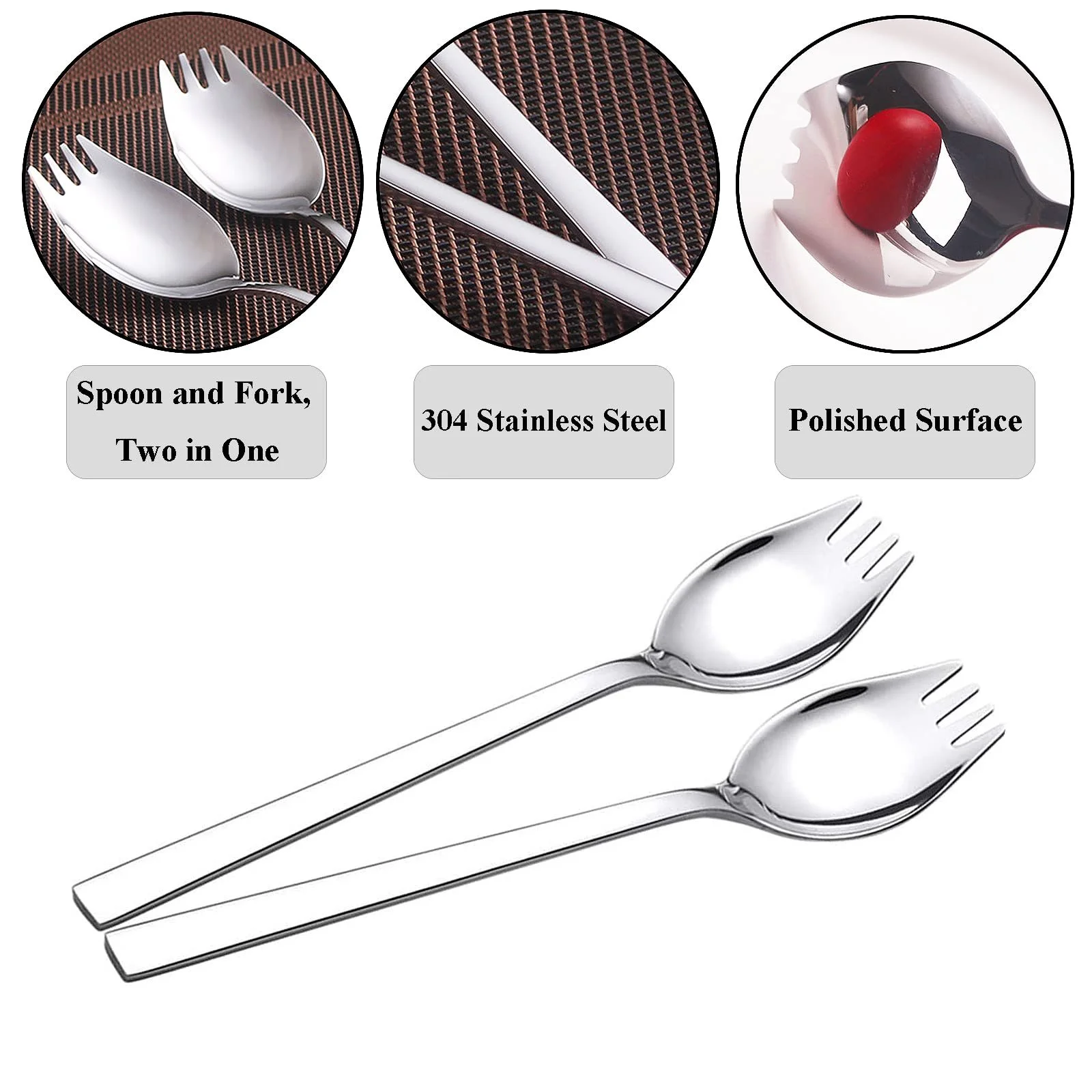 Вилка-ложка из нержавеющей стали 304, серебристая, набор 6 штук для ежедневного использования дома, для фруктов, закусок, десертов и салатов, фото №3