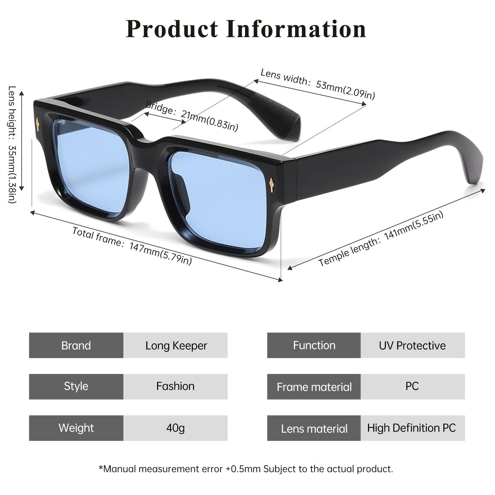 Солнцезащитные очки Прямоугольные Ретро Long Keeper Толстая оправа Квадратные для мужчин и женщин Винтажные массивные UV400, фото №3