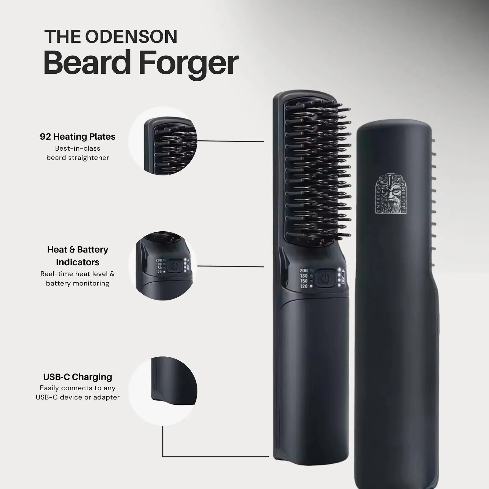 Выпрямитель для бороды Odenson Beard Forger Беспроводная щетка с подогревом 4 уровня температуры FaceSafe USB-C Черный, фото №5 Выпрямитель для бороды Odenson Beard Forger Беспроводная щетка с подогревом 4 уровня температуры FaceSafe USB-C Черный, фото №5